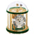 Mechanical table clock with glass dome, gold-colored case, green base, and Roman numerals dial