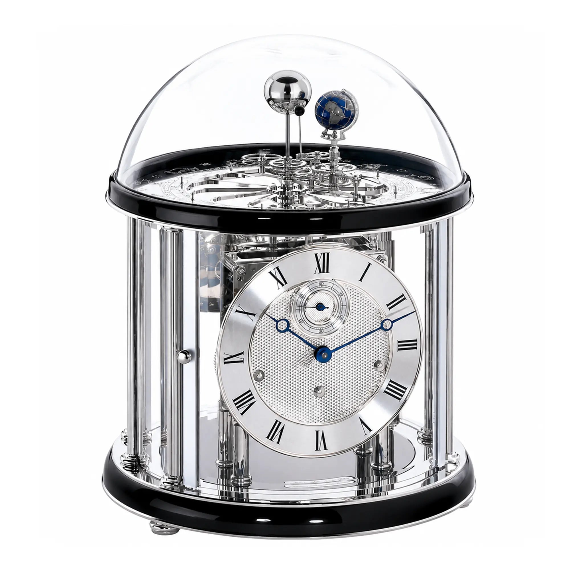 Tischuhr mit Glasglocke und silbernem Uhrwerk, schwarzer Sockel