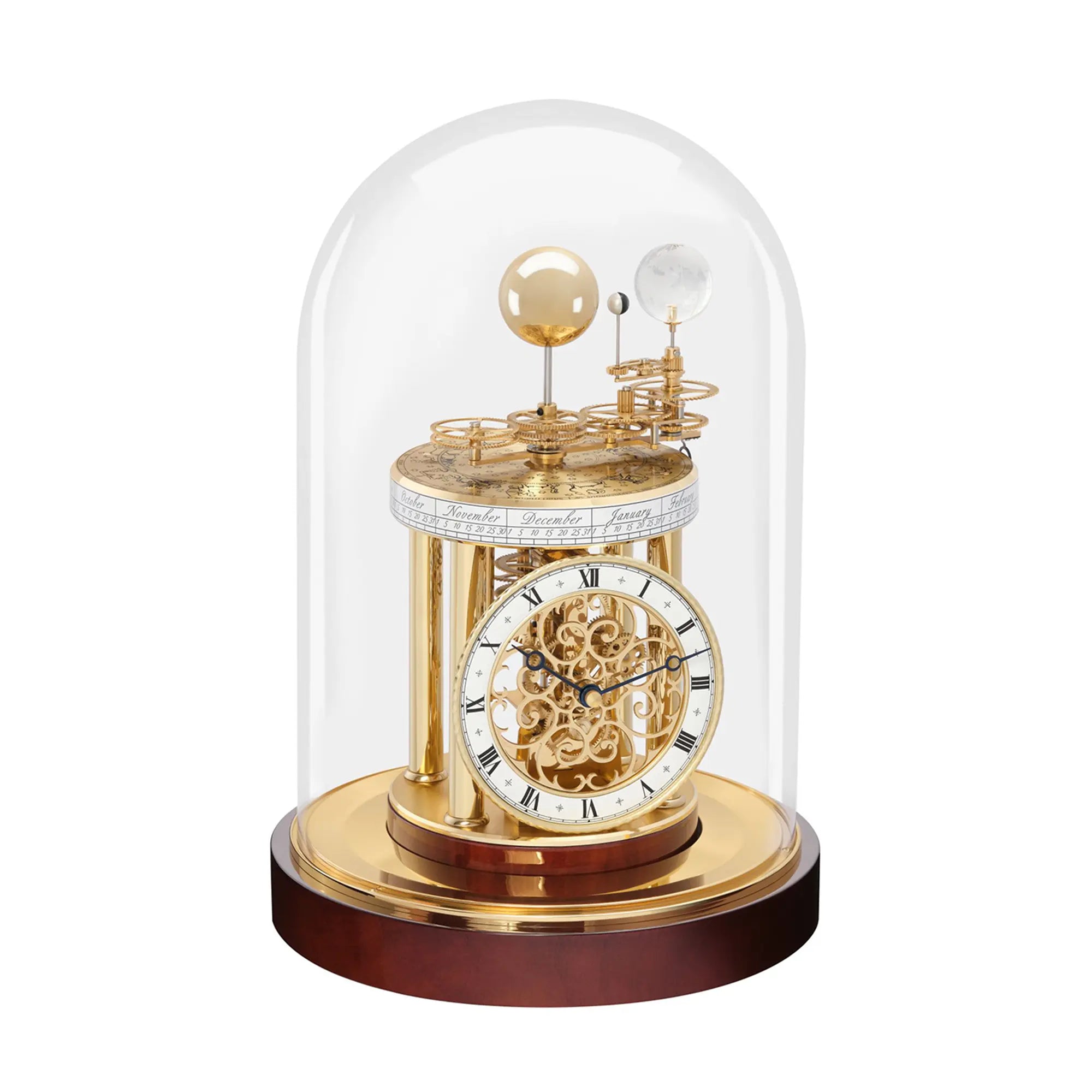 Table clock with golden movement under glass dome, round base in dark brown