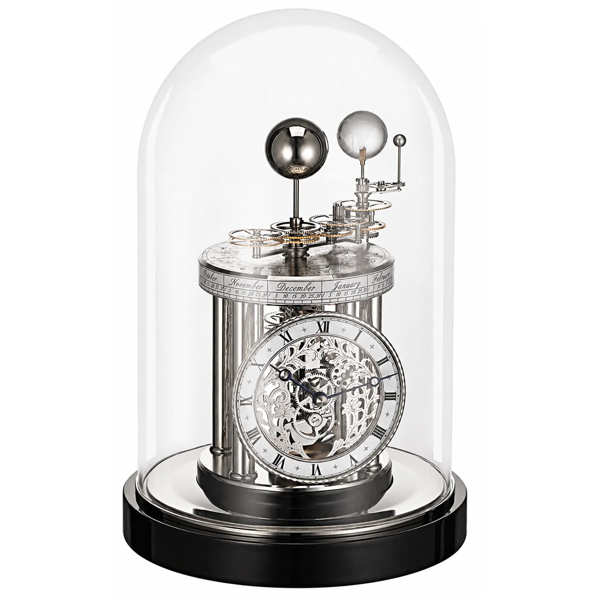 Table clock with glass dome, silver dial, and black base