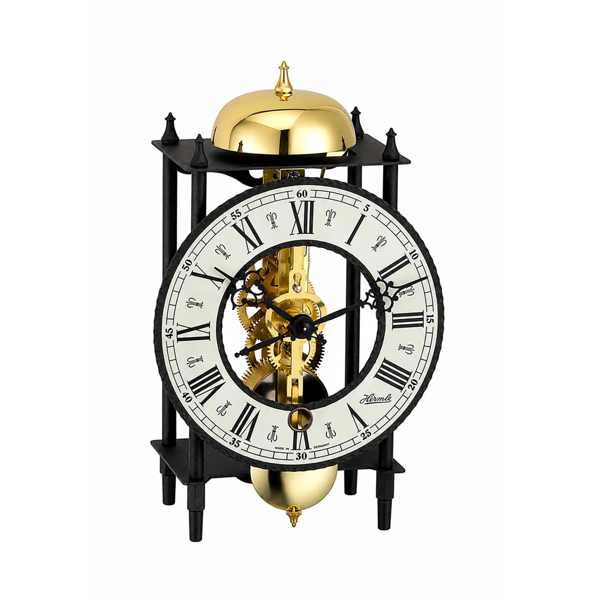 Mechanical table clock with visible skeleton movement, round dial, gold-colored movement