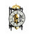 Mechanical table clock with visible skeleton movement, round dial, gold-colored movement