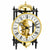 Mechanical table clock with skeleton movement, gold numerals, and black frame