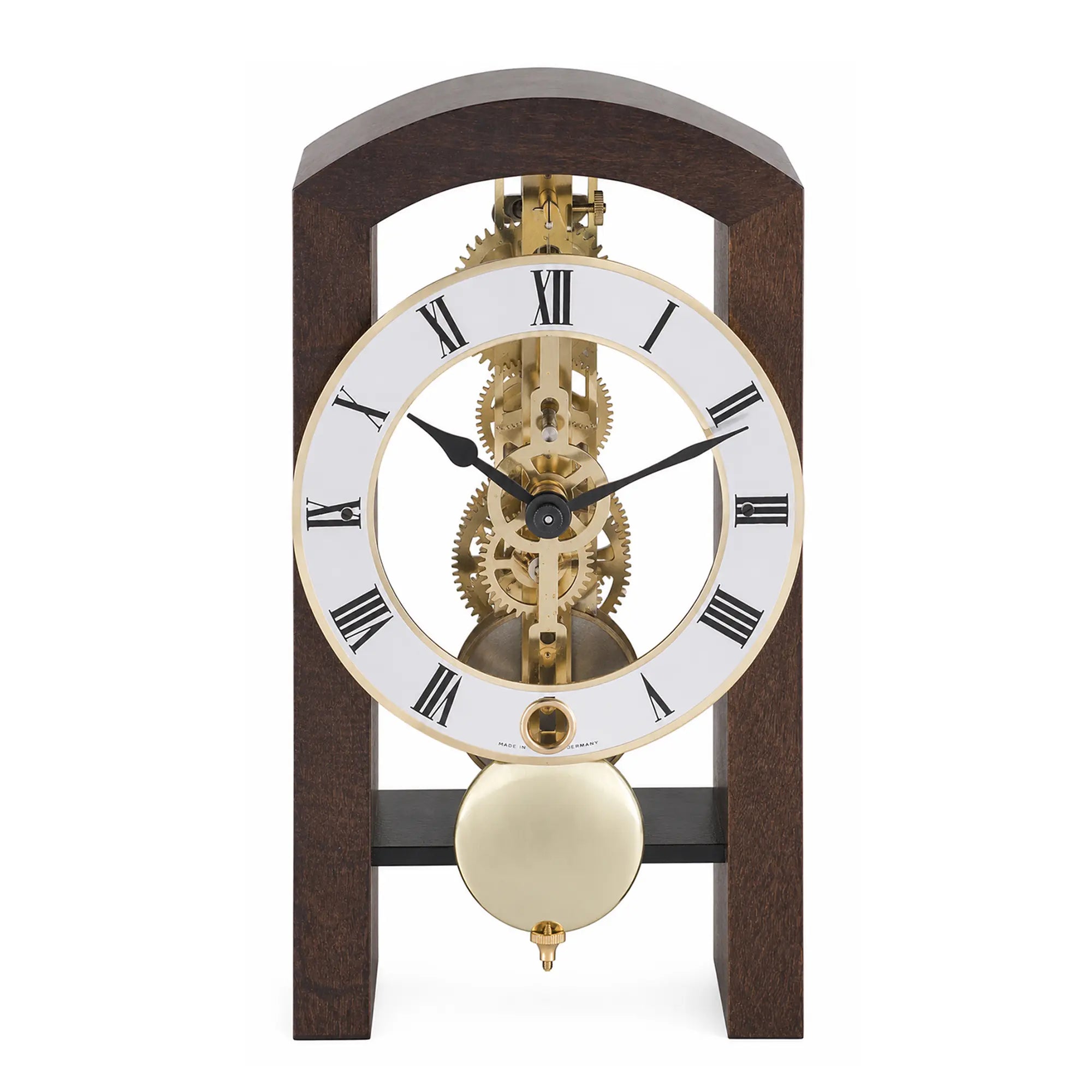Table clock with skeleton movement, round dial, Roman numerals, and wooden case