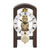 Table clock with skeleton movement, round dial, Roman numerals, and wooden case