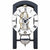 Dark blue table clock with open movement, white dial, and Roman numerals