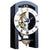 Dark blue mantel clock with white dial, Roman numerals, and pendulum