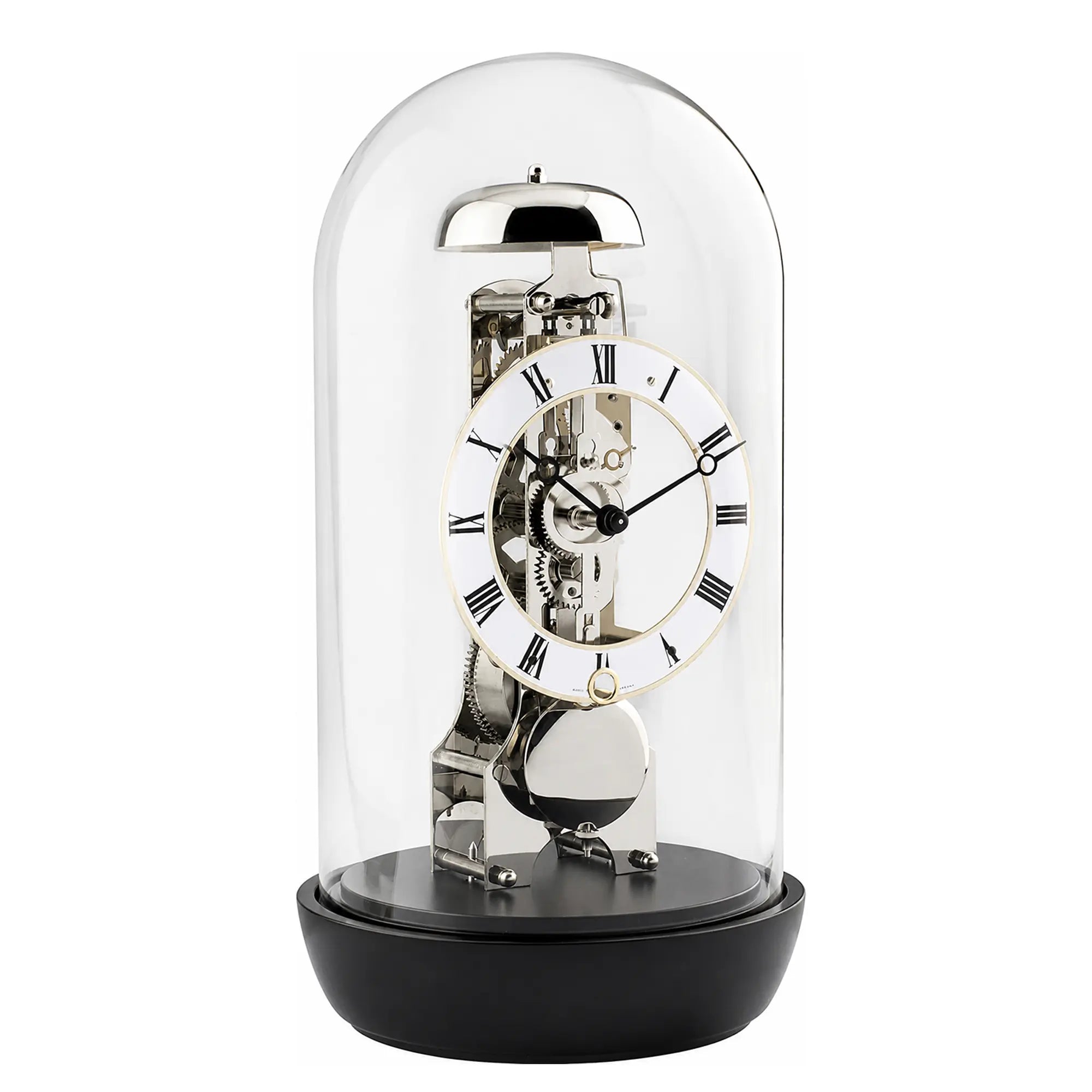 Tischuhr mit Glasscheibe und sichtbarem Skelettwerk, römischem Zifferblatt, schwarzer Basis