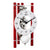 Skeleton table clock with white dial, visible mechanism, and red pillars