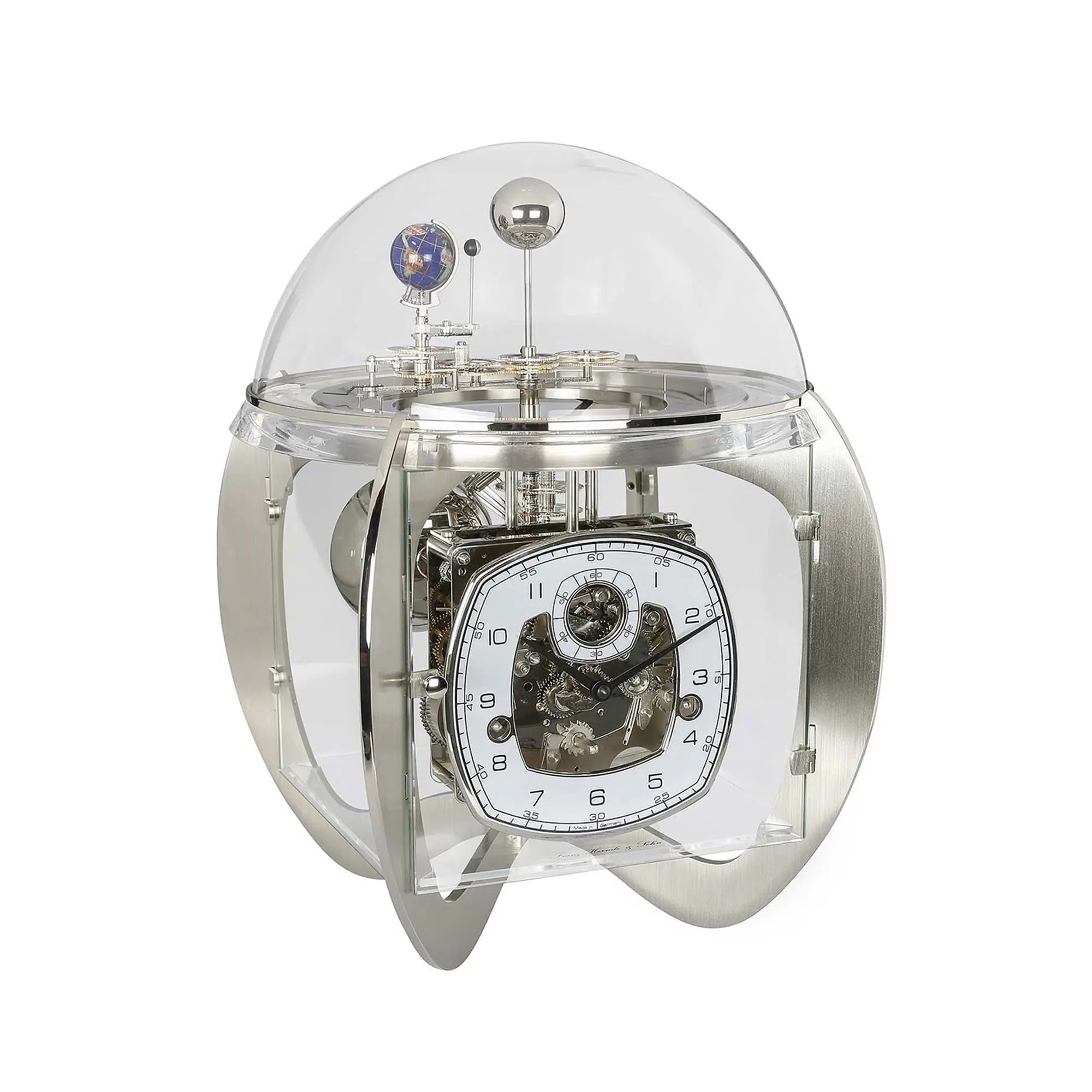 Table clock with transparent glass dome and silver movement, round metal case