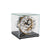 Table clock in a transparent glass case with a round dial, Roman numerals, and clockwork