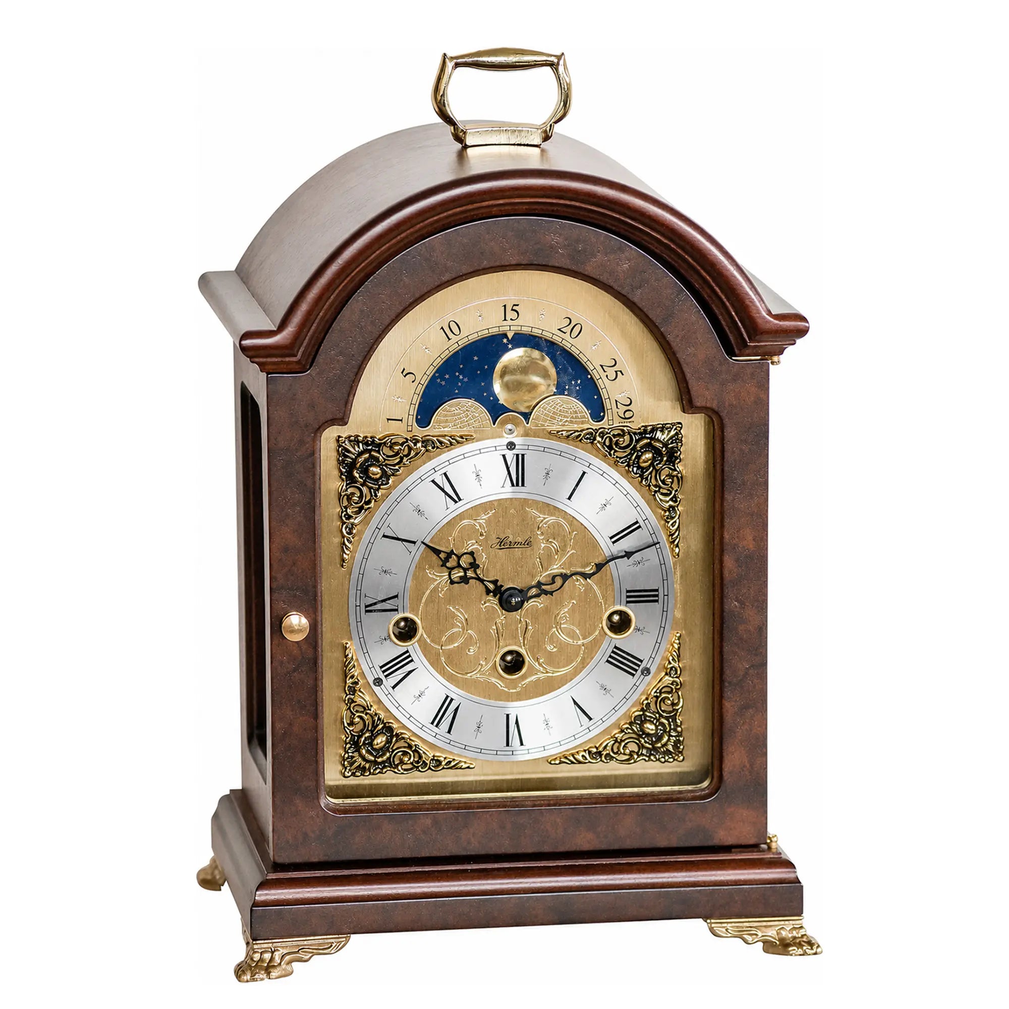 Wooden table clock with moon phase display and Roman numerals in a curved case