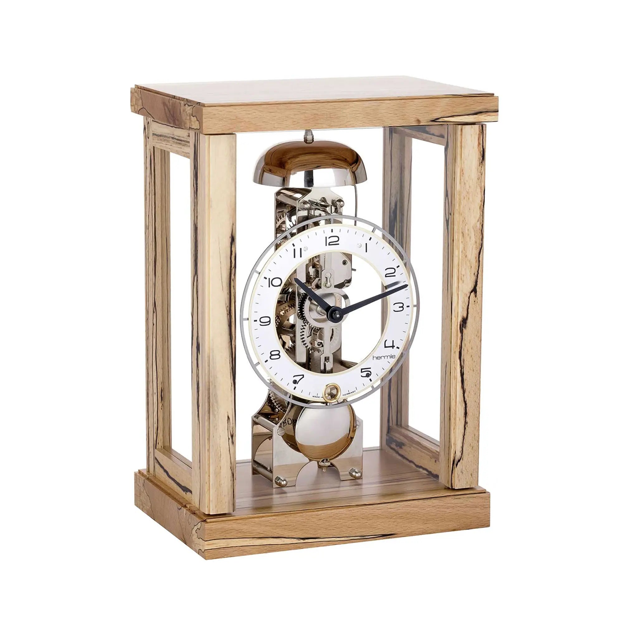 Wooden table clock with open skeleton movement, round dial, and glass frame