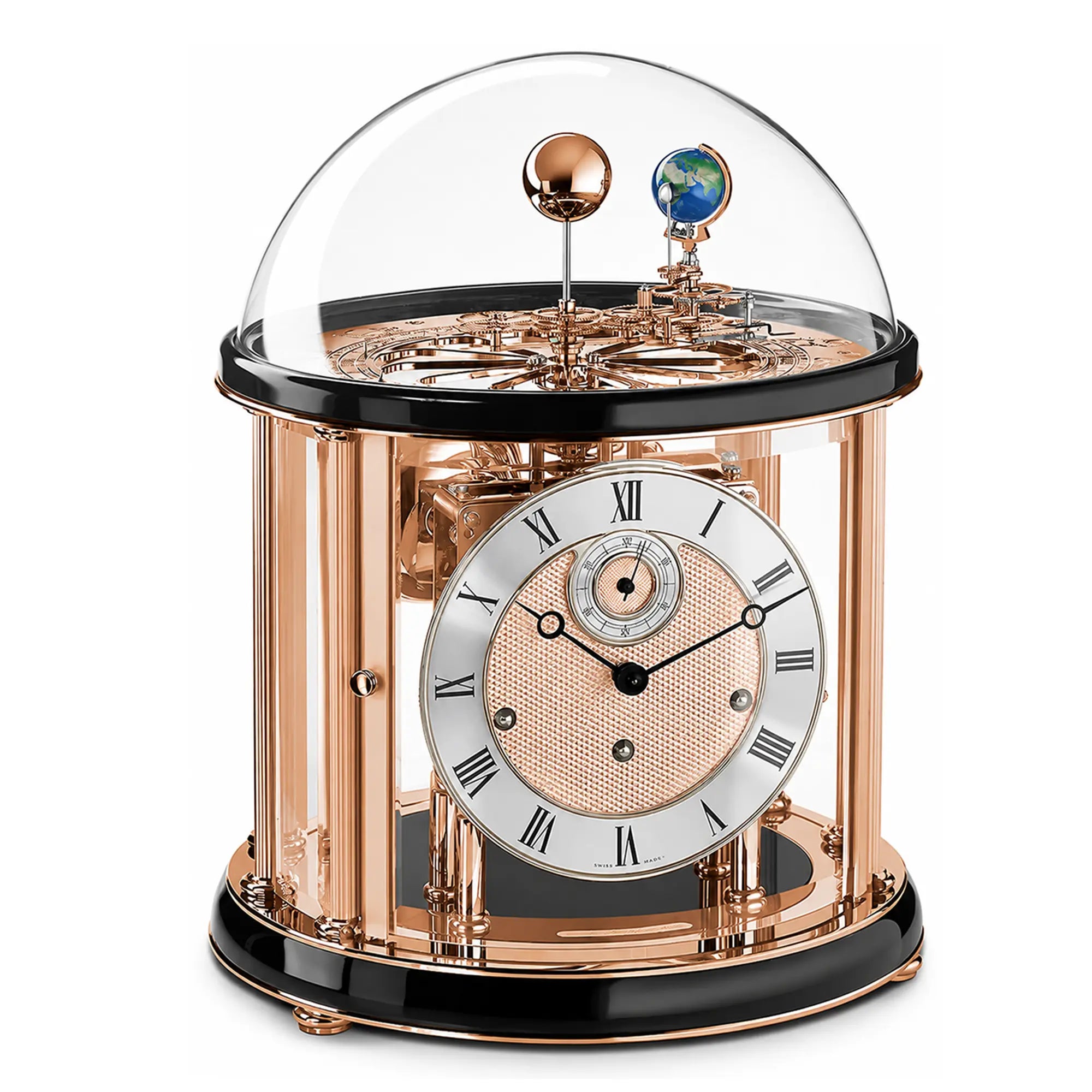 Hermle Table Clock 35x29x29 cm Wood, Glass, Brass • Tellurium Astrological Display • Westminster Chime