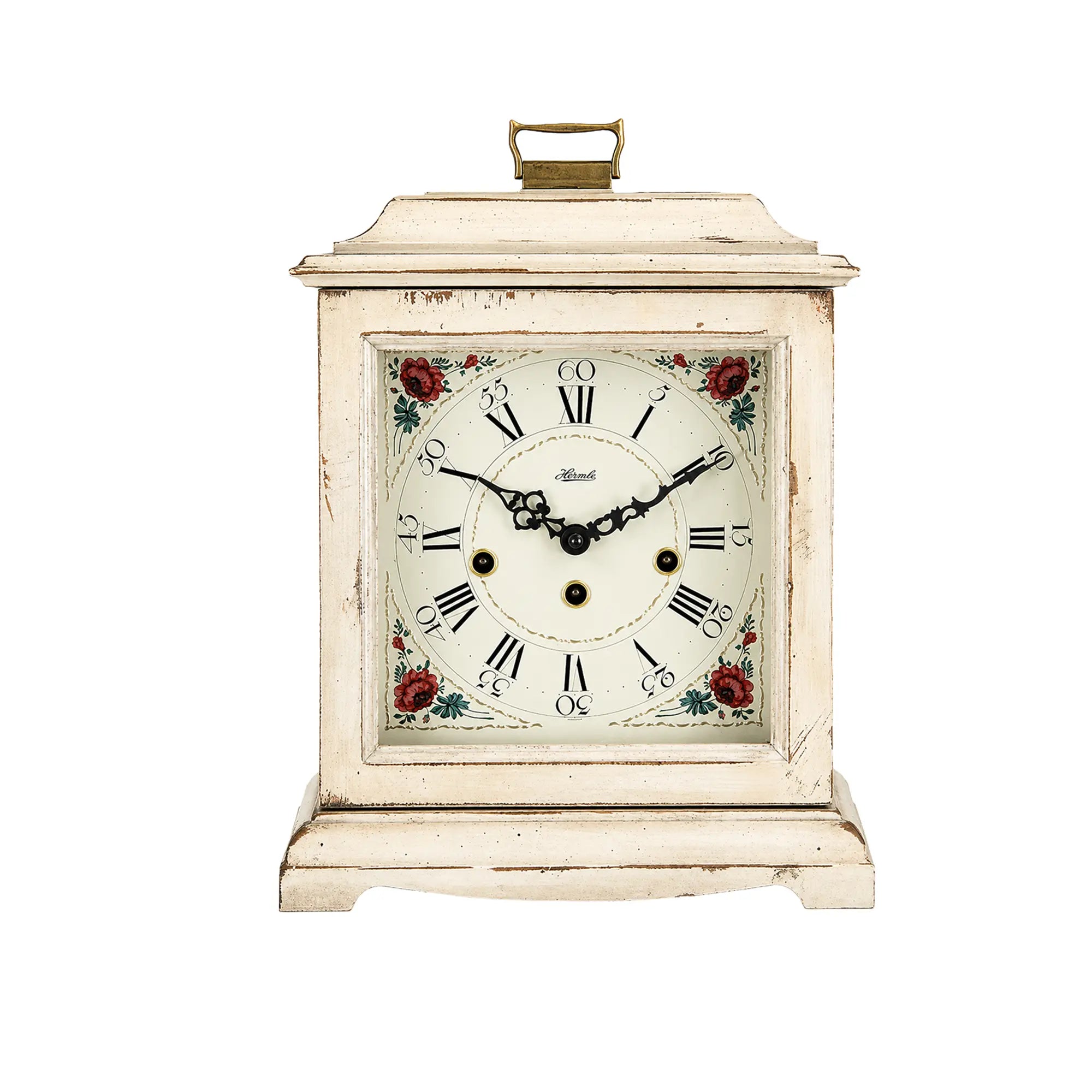Rectangular table clock with white wooden case and floral decorated dial