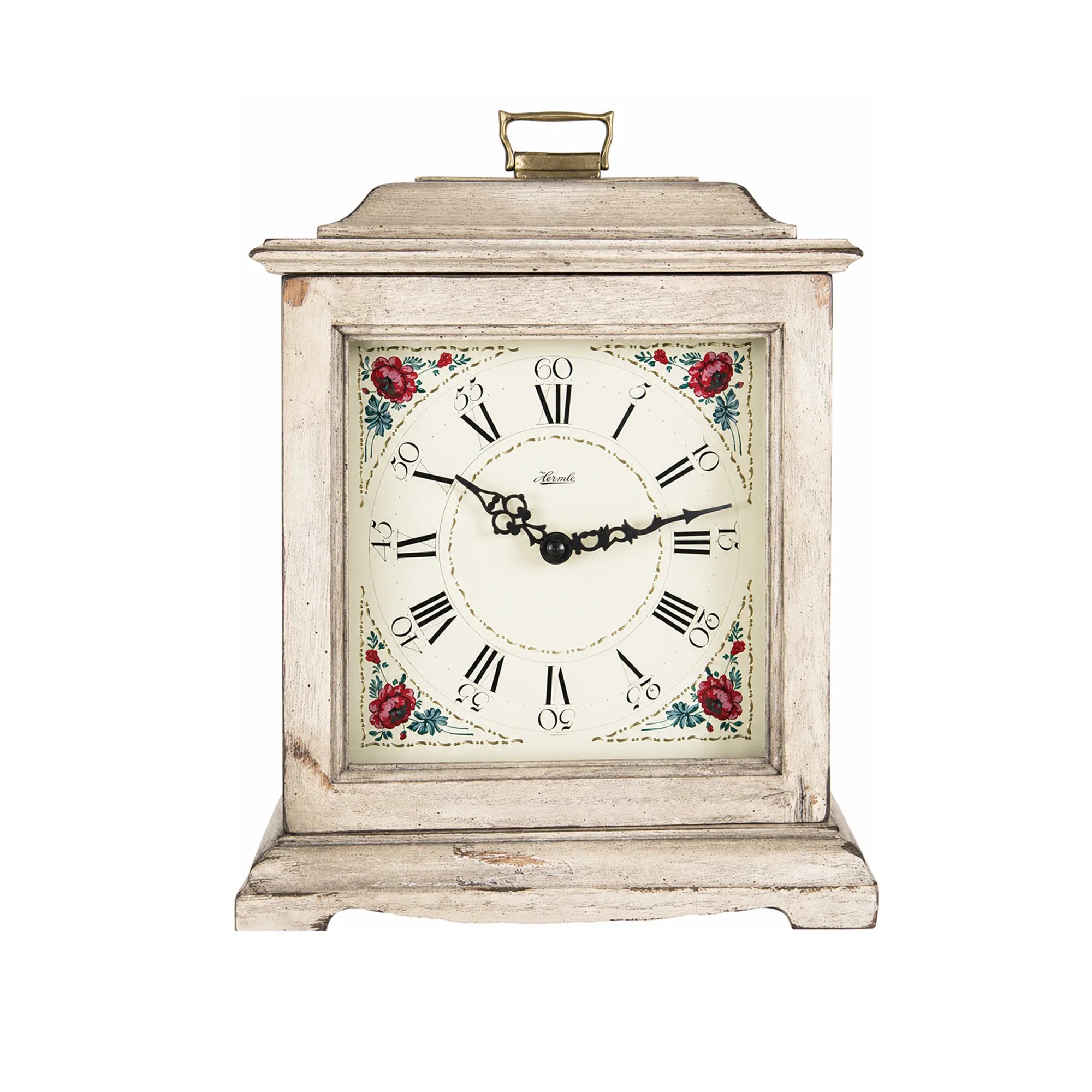 Vintage-style wooden table clock with floral dial, Roman numerals, and handle on top