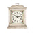 Vintage-style wooden table clock with floral dial, Roman numerals, and handle on top