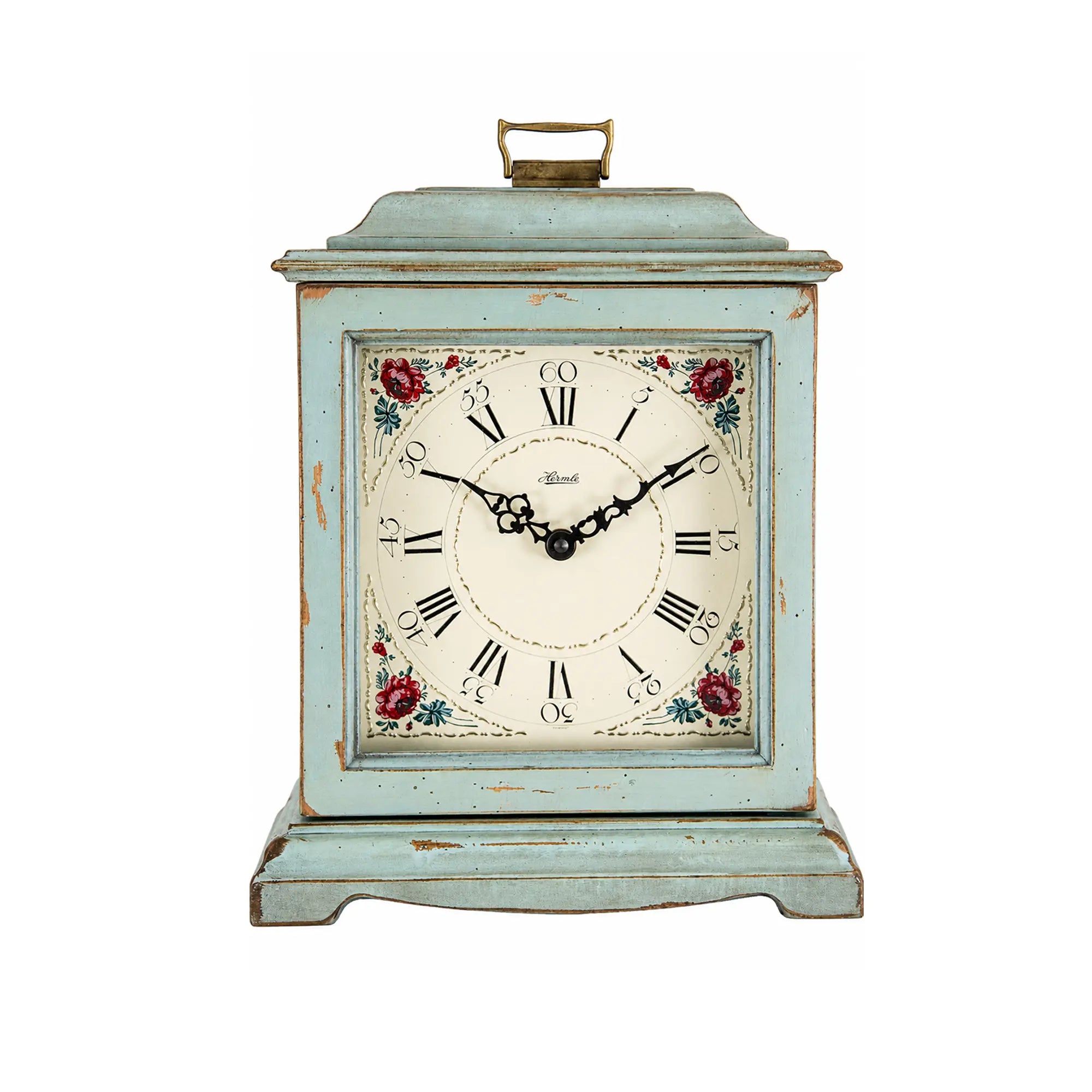 Vintage wooden table clock, turquoise, with Roman numerals