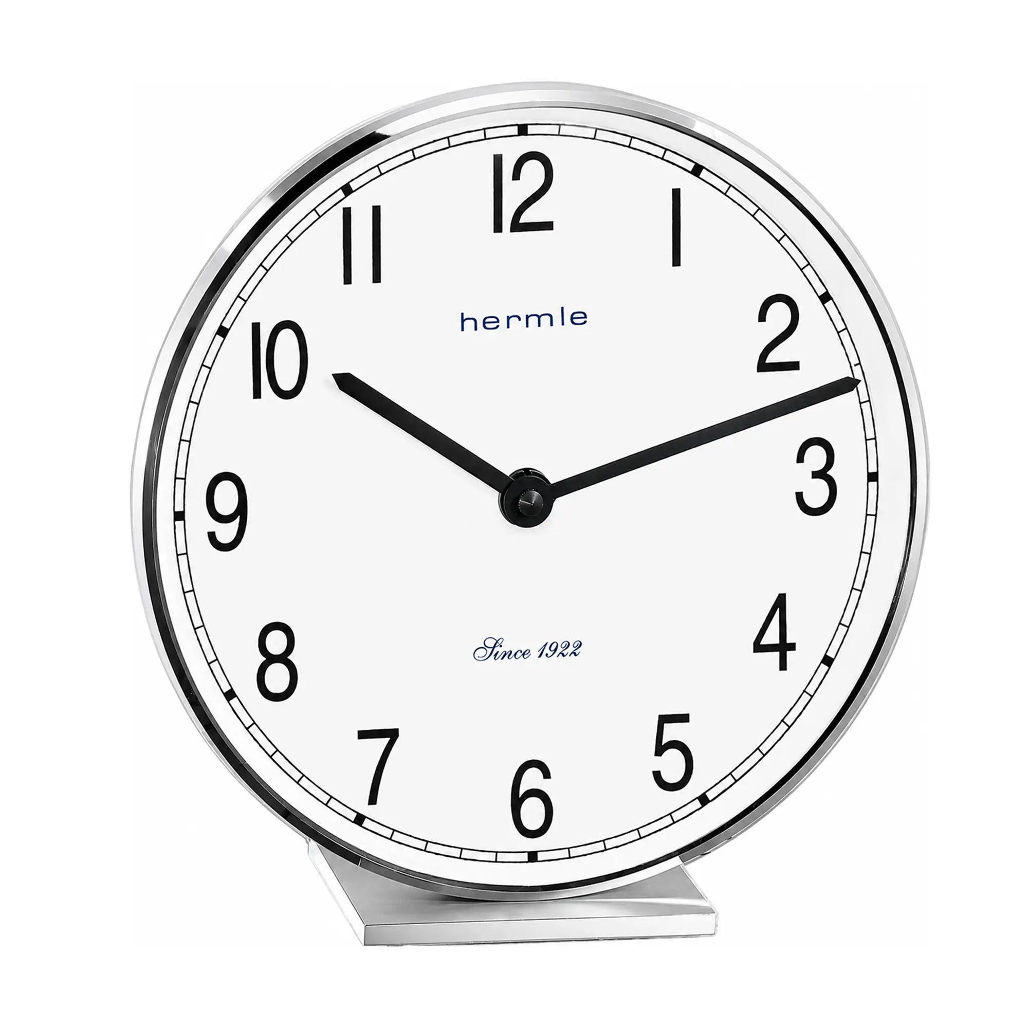 Round table clock: white dial, black hands, chrome frame, stand