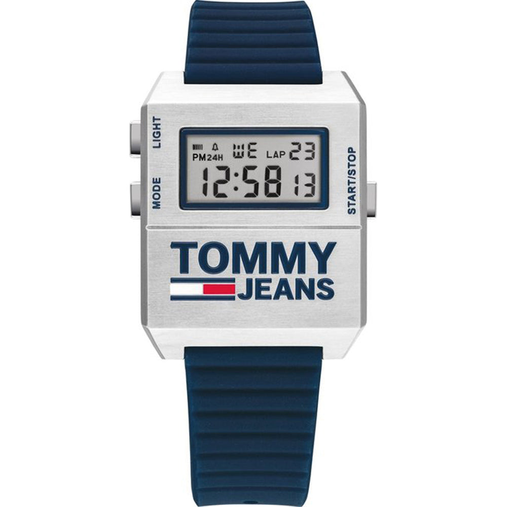 Herren-Armbanduhr mit blauem Silikonarmband, silbernem Gehäuse und digitaler LCD-Anzeige