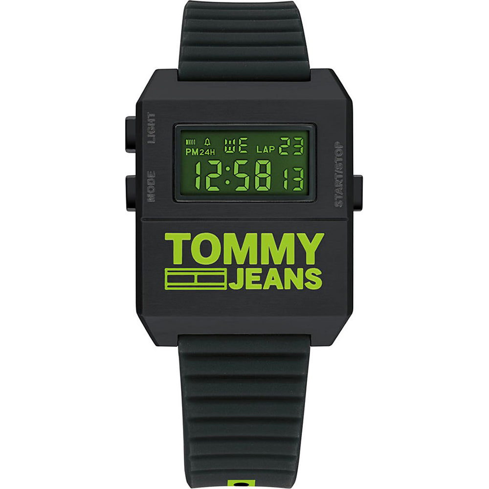 Herren-Digitalarmbanduhr mit schwarzem Silikonarmband und Rechteckgehäuse, Tommy Jeans Logo