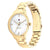 Tommy Hilfiger Damen-Armbanduhr schräg von vorn mit goldenem Gliederarmband und Perlmuttzifferblatt
