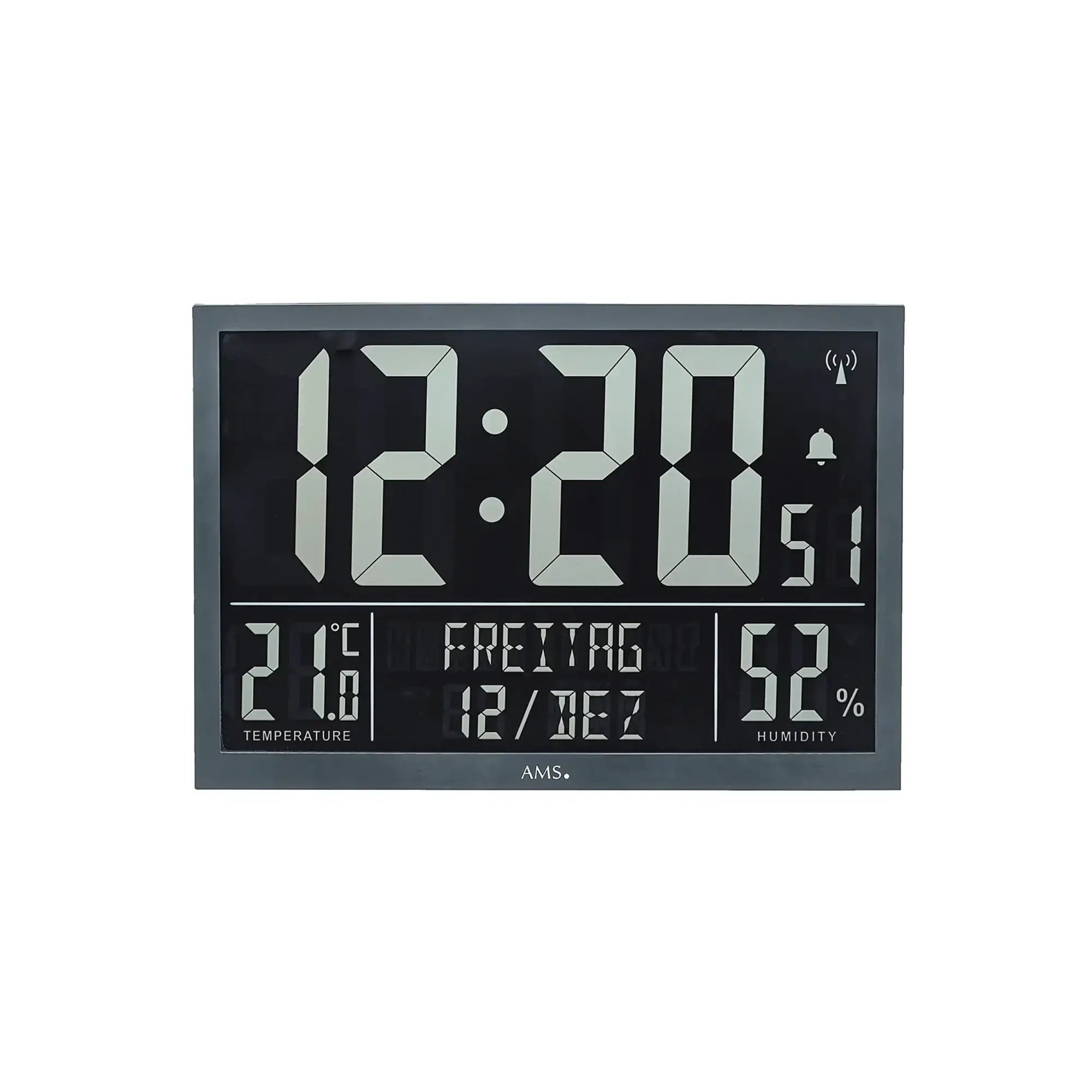 Wanduhr mit LCD-Display, zeigt 12:20, Temperatur 7°C und 52% Luftfeuchte.