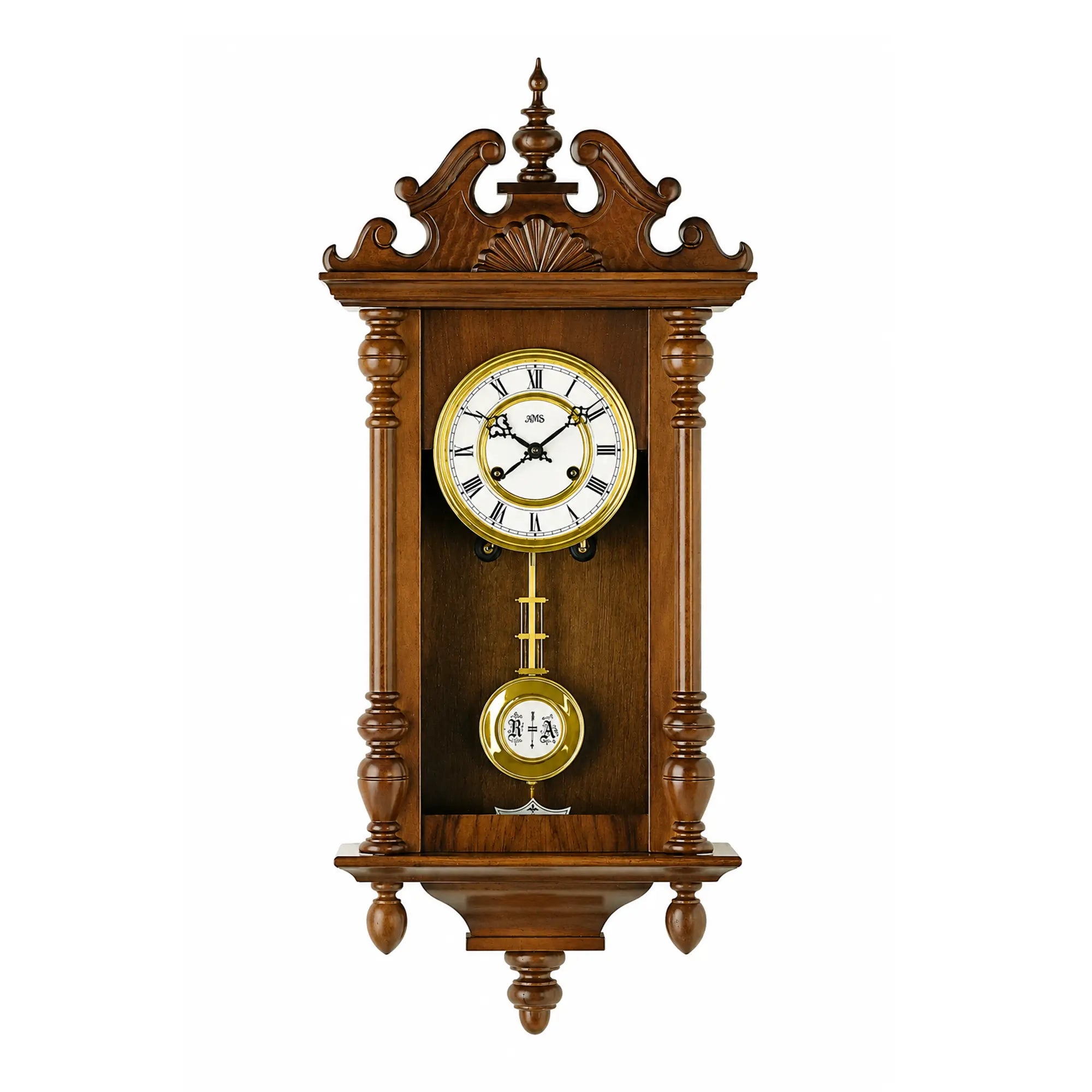 Wanduhr aus Nussbaumholz mit römischem Zifferblatt und Pendelwerk in Messingoptik