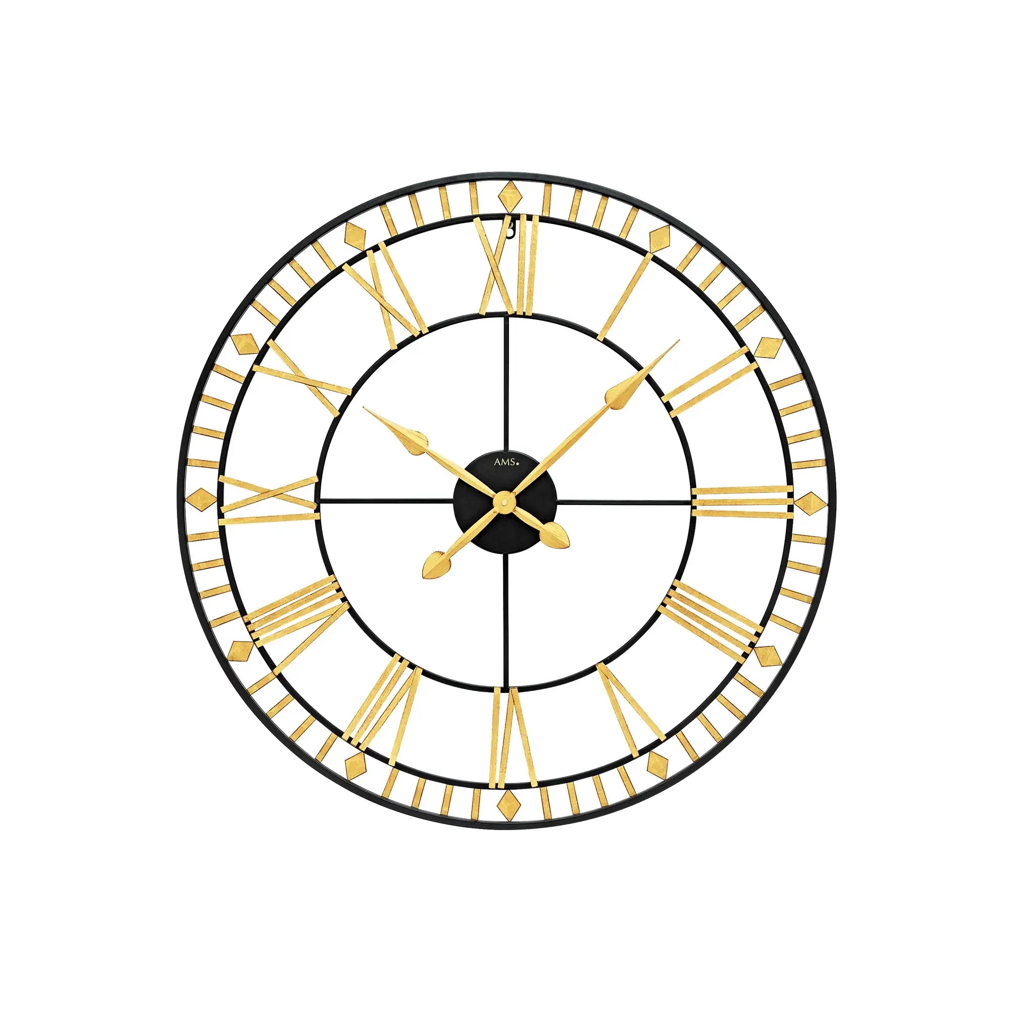 XXL-Wanduhr, rundes schwarzes Gehäuse mit goldenen Ziffernmarkierungen und drei Zeigern