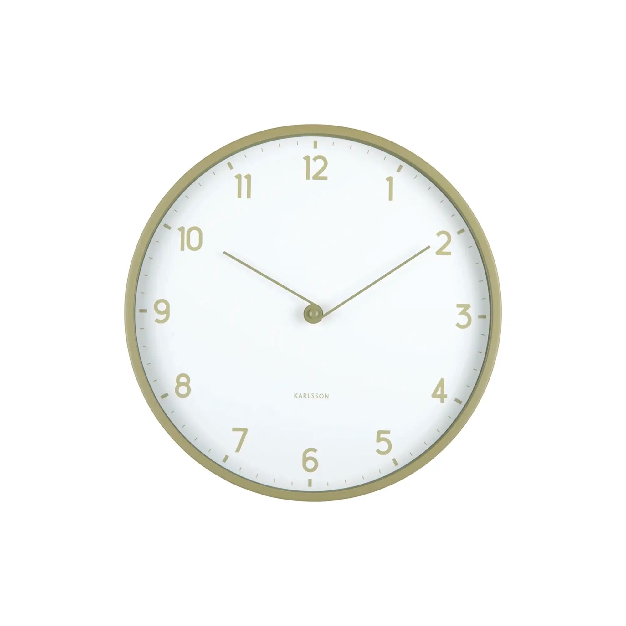 Wanduhr mit beigem Rahmen und weißem Zifferblatt, goldfarbene Ziffern und Zeiger