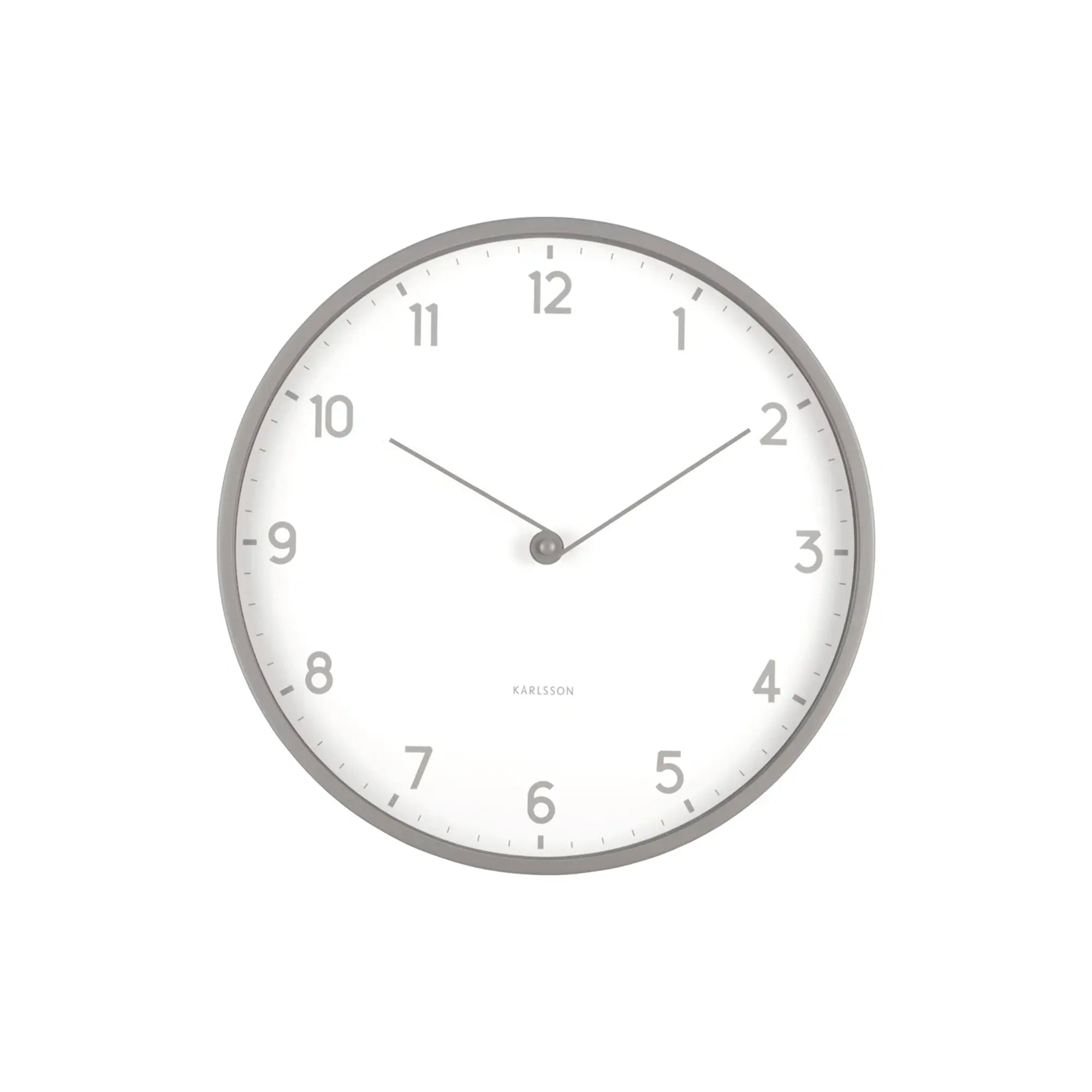 Karlsson Wanduhr rund, weißes Zifferblatt mit Ziffern und dunkelgrauem Rahmen