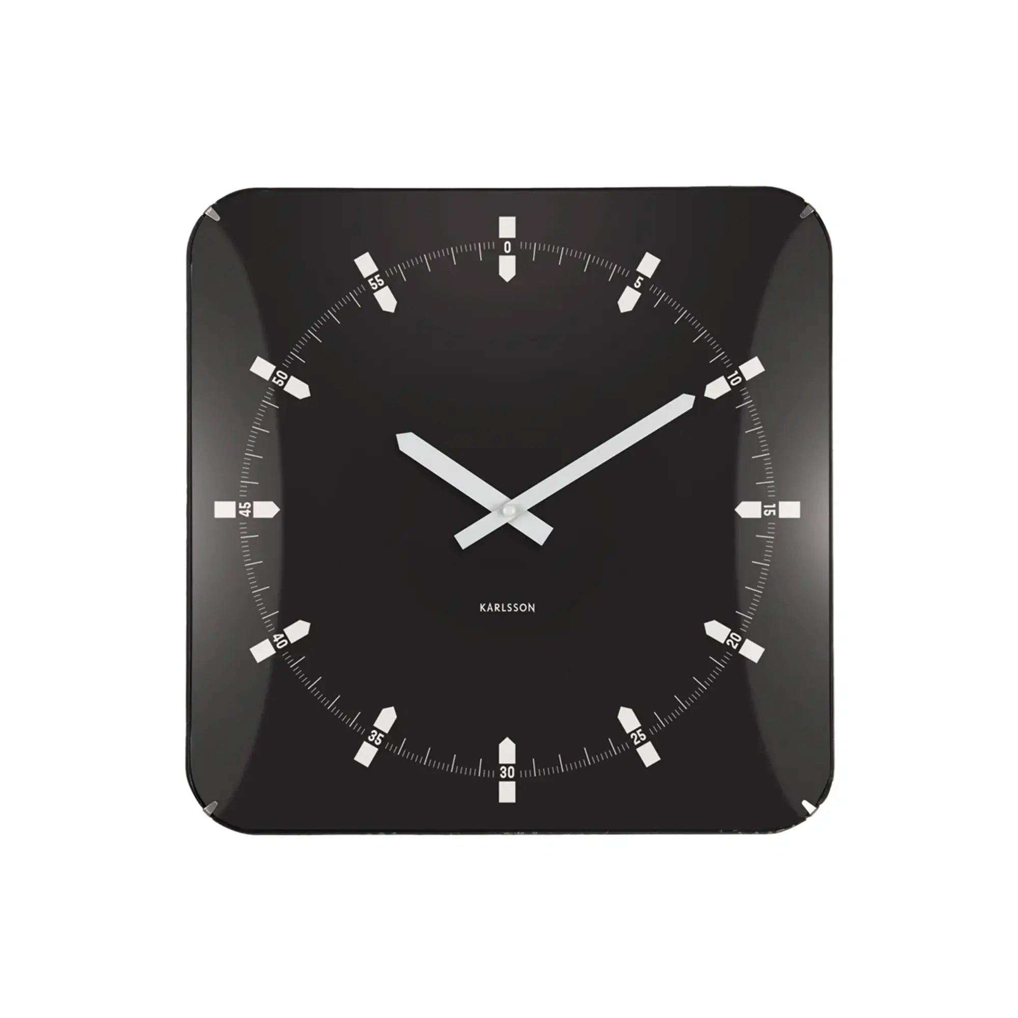Quadratische schwarze Wanduhr mit weißen Zeigern, Indexstrichen und Ziffernmarkierung 30
