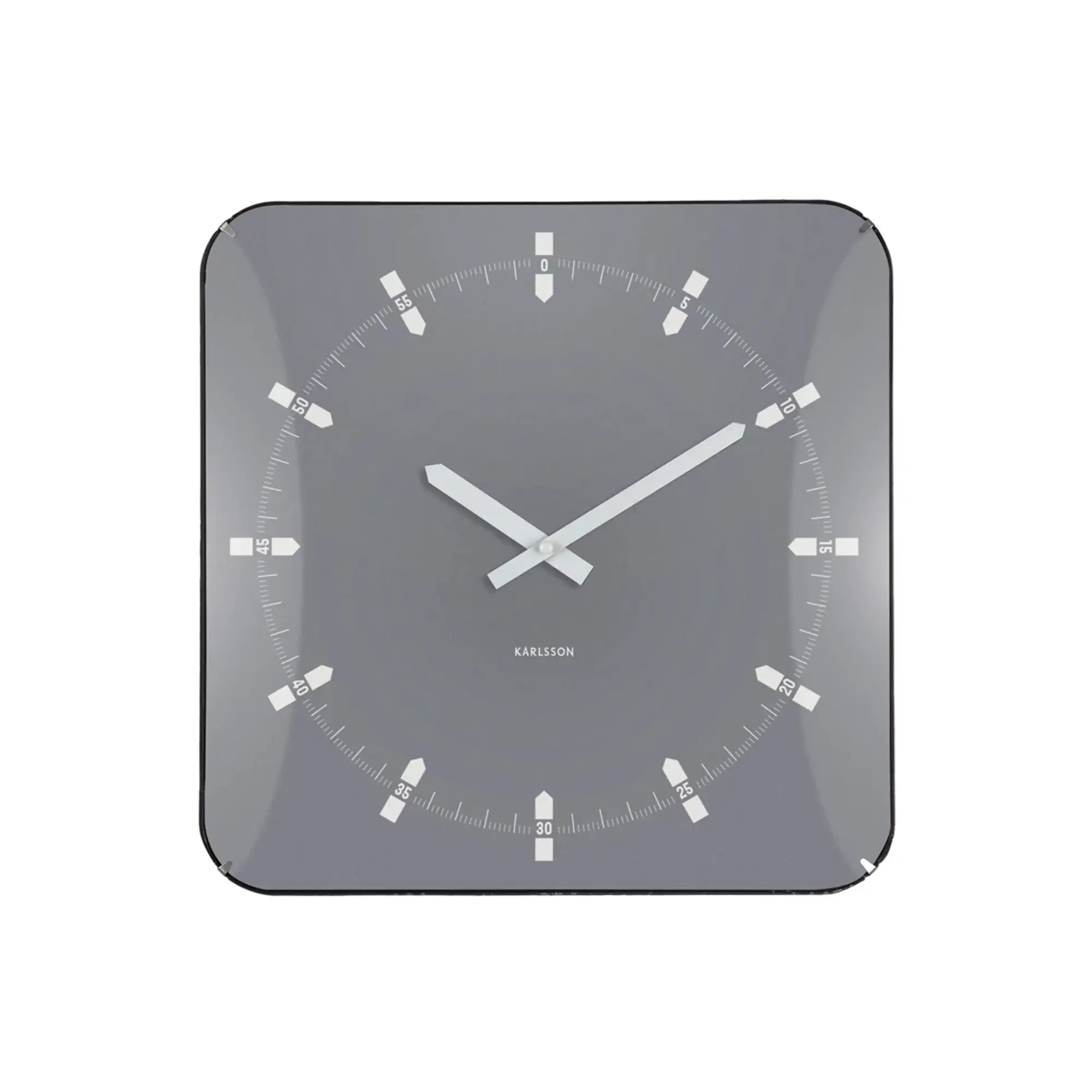 Quadratische Wanduhr grau mit weißen Zeigern und Strichindizes, klare Glaskante