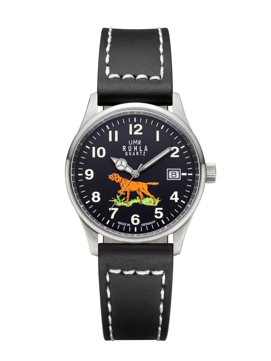 UMR Ruhla RUHLA-Jagd RCL88101 Herren Armbanduhr Schwarz • Quarzwerk Ronda 515 • Jagdhund-Motiv
