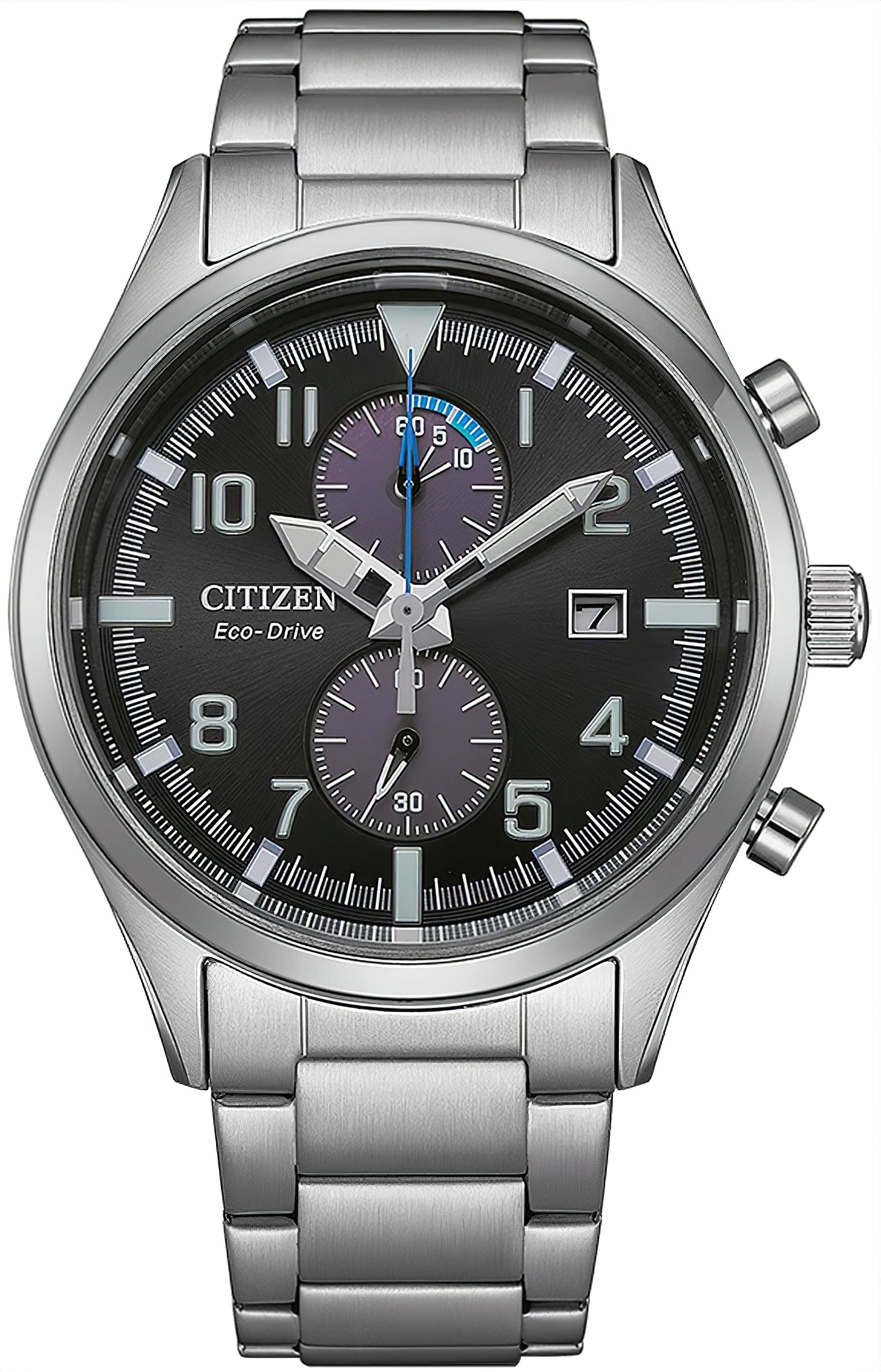 Citizen Sport Herrenuhr mit Chronograph, schwarzem Zifferblatt, Stahlband und Datumsanzeige