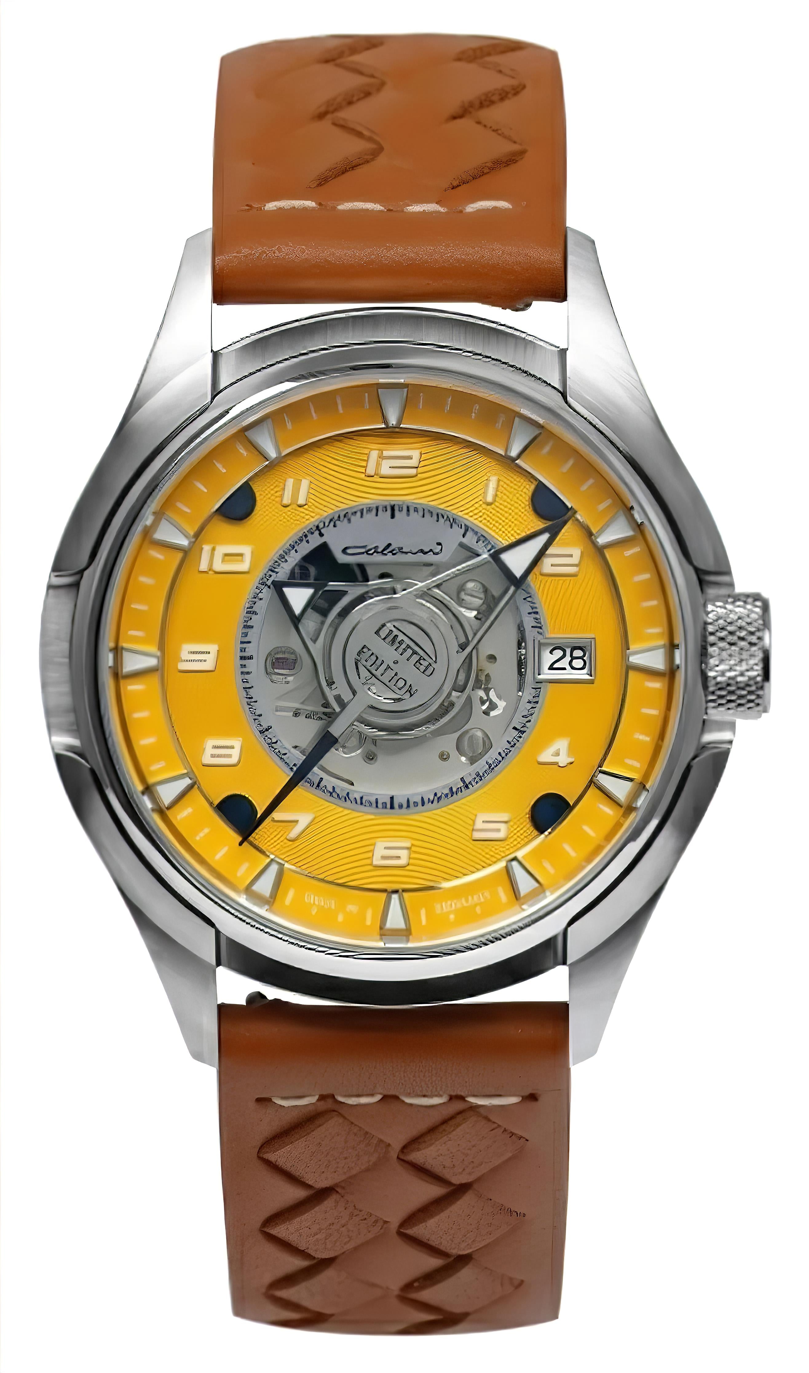 Colani Herrenuhr mit braunem Lederband, silbernem Gehäuse und orangefarbenem Zifferblatt, Datum