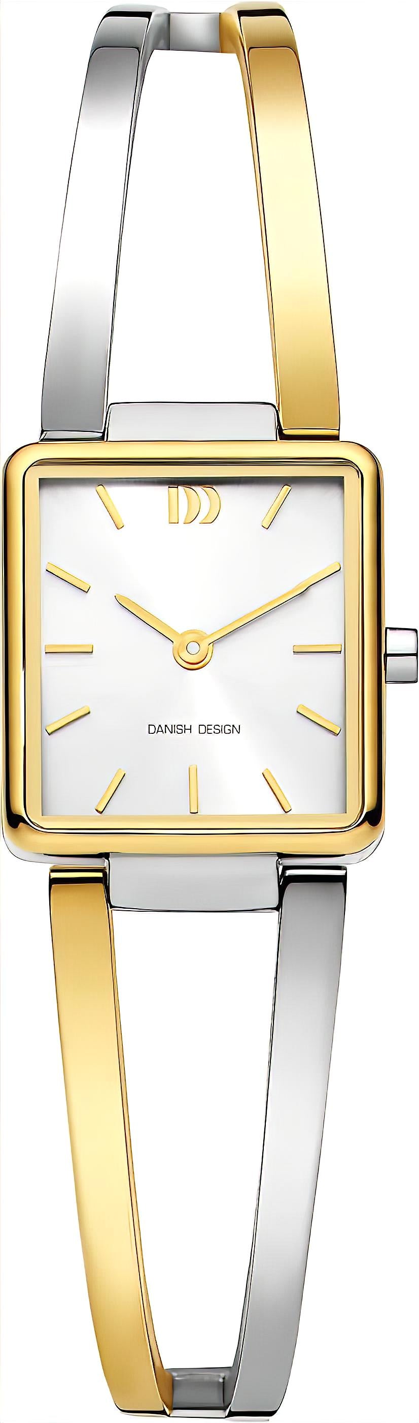 Danish Design Damenuhr: quadratisches Goldgehäuse, weißes Zifferblatt, Metallarmband