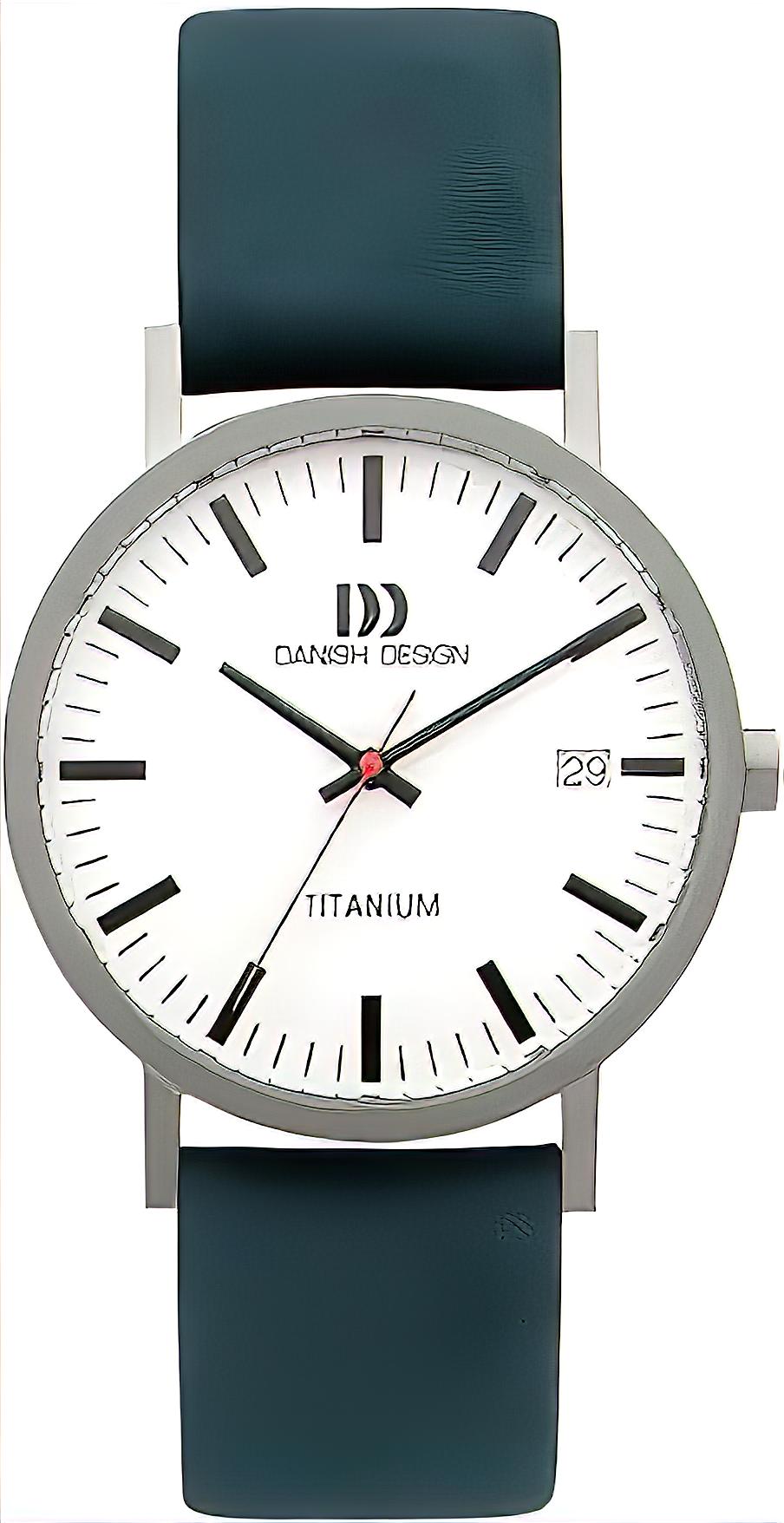 Herrenarmbanduhr Danish Design: weißes Zifferblatt, Titangehäuse, dunkles Lederband