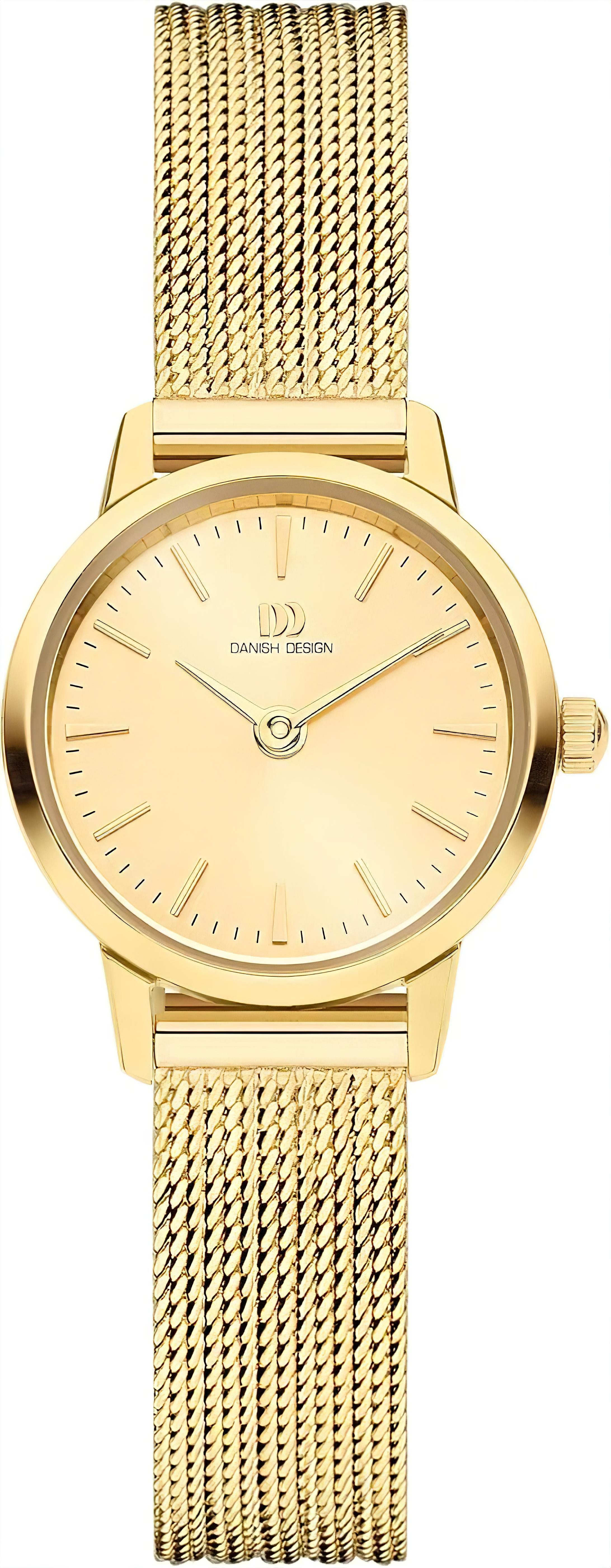 Damenuhr mit goldfarbenem Mesh-Armband und rundem Zifferblatt, Danish Design Schriftzug