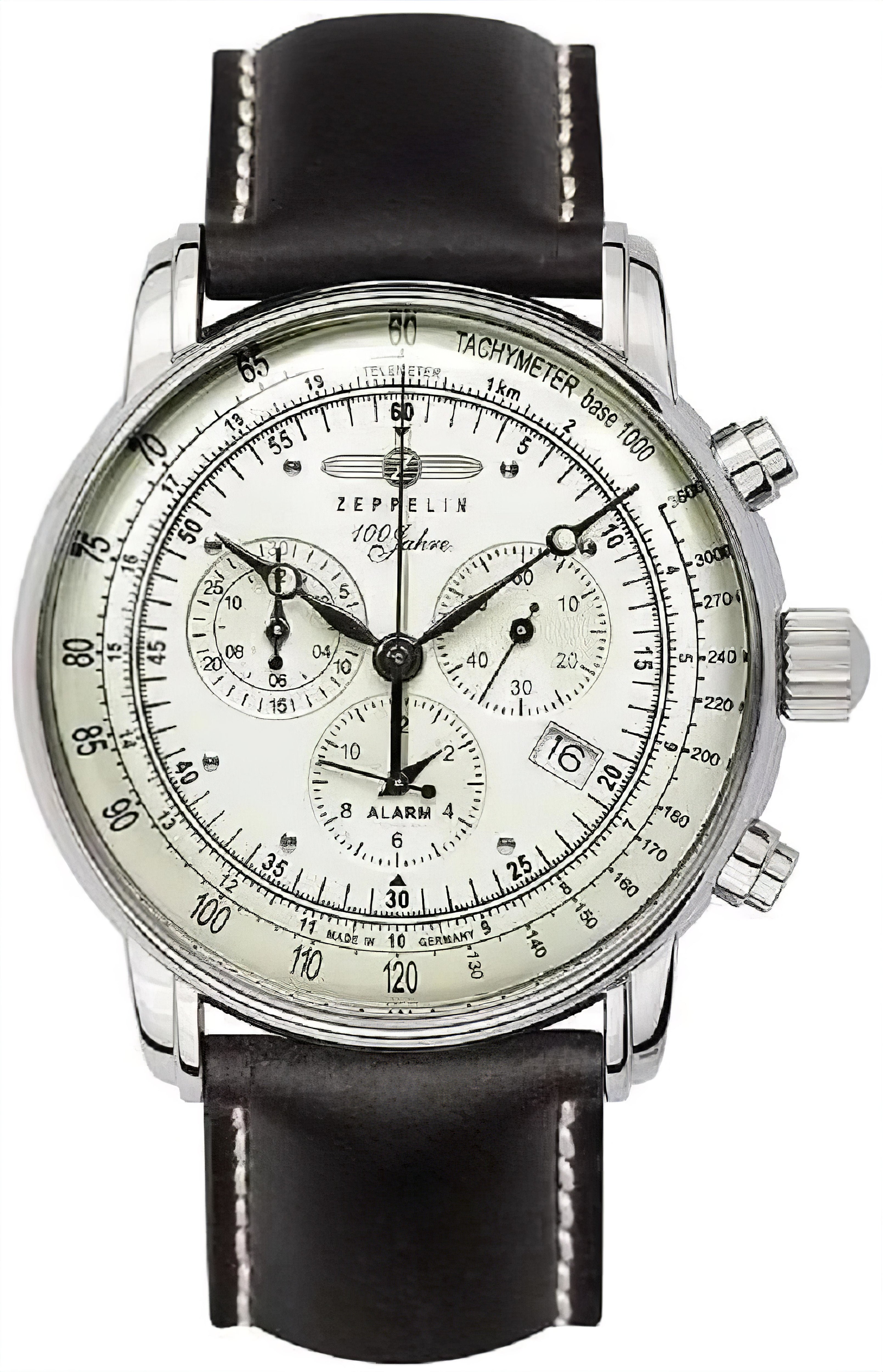 Herrenarmbanduhr mit schwarzem Lederband, silbernem Gehäuse und weißem Chronograph-Zifferblatt