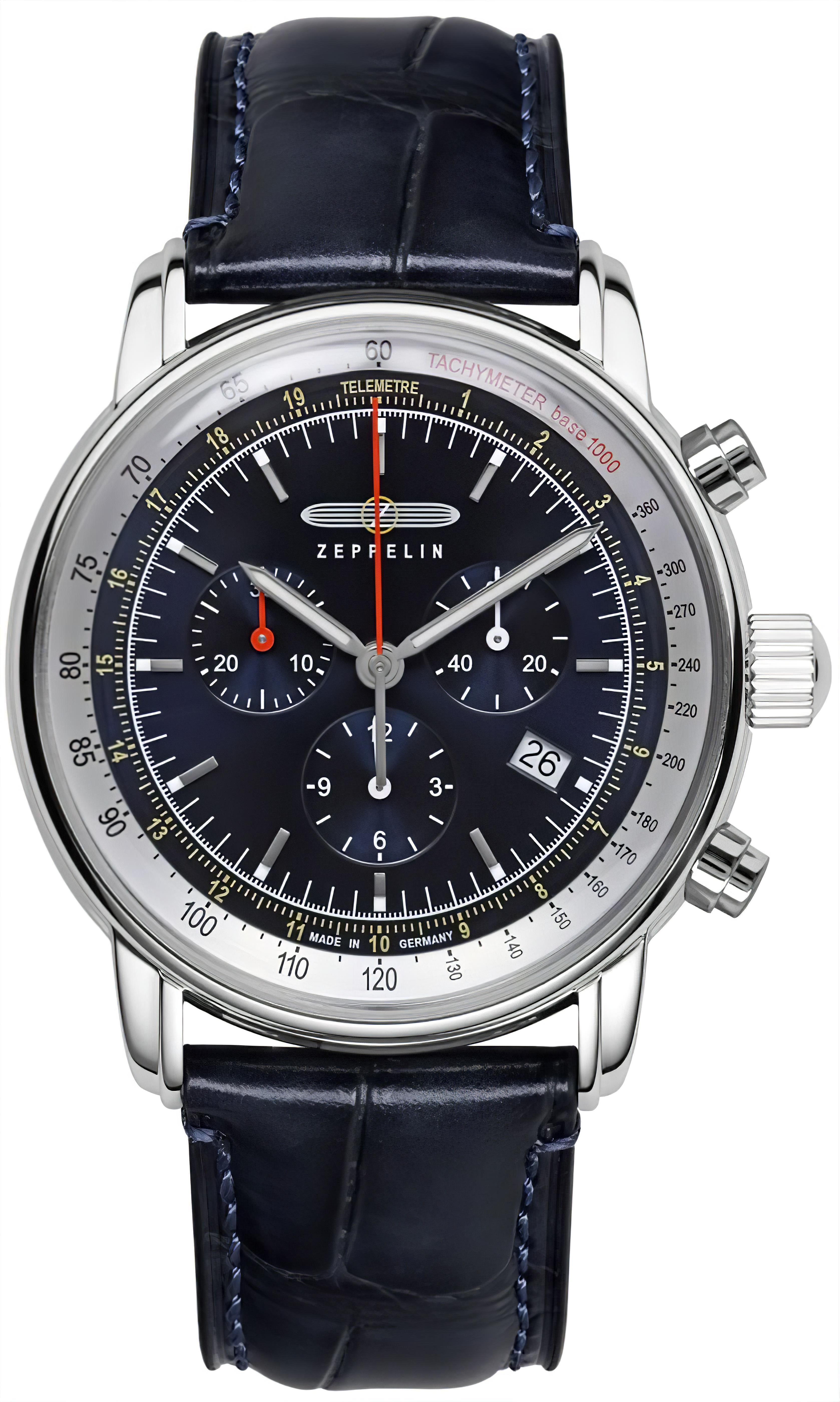 Zeppelin LZ14 Marine 8888-3 Herrenuhr mit rundem Stahlgehäuse, blauem Zifferblatt und Lederband
