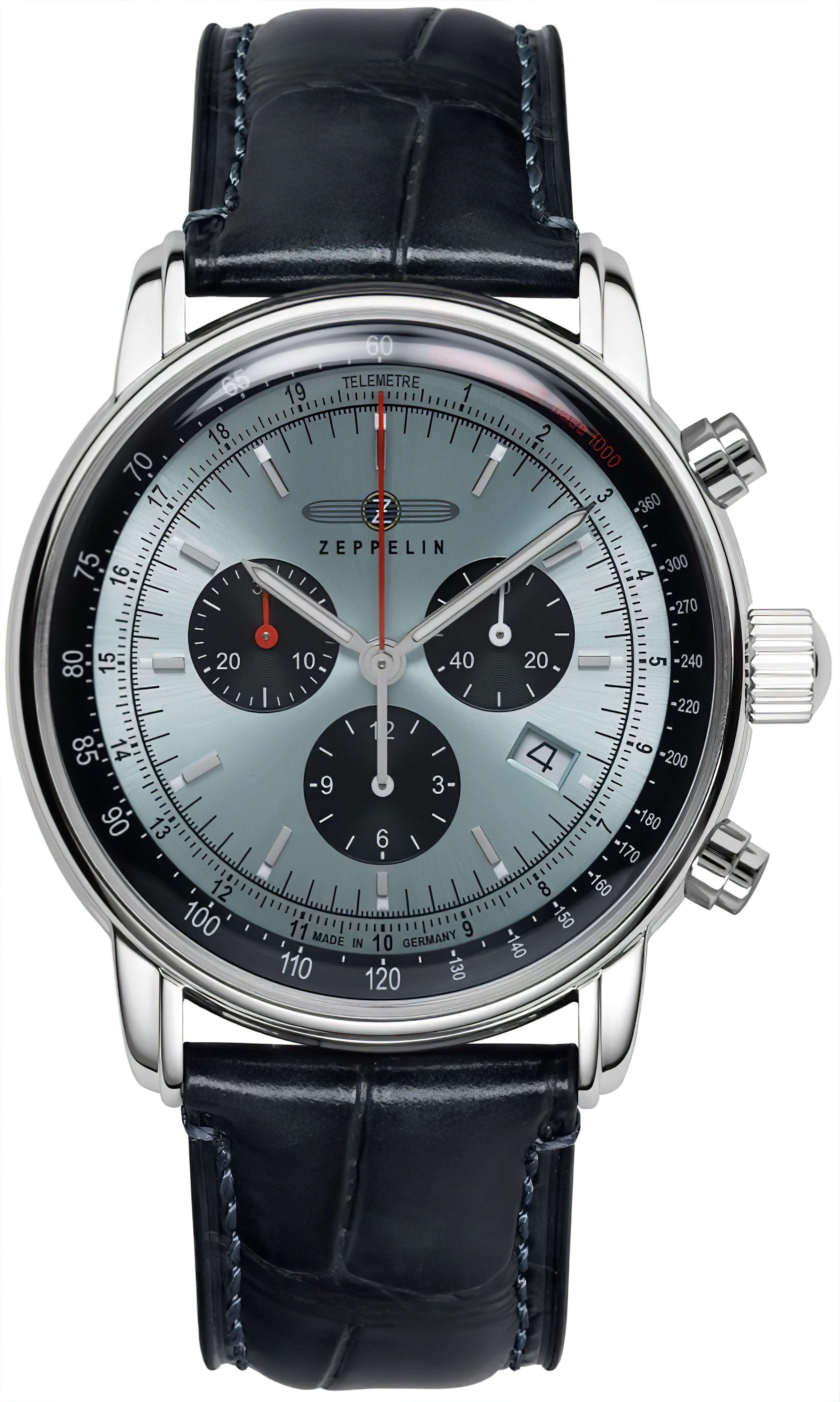 Zeppelin Chronograph: Herrenuhr mit dunkelblauem Lederband und silbernem Gehäuse