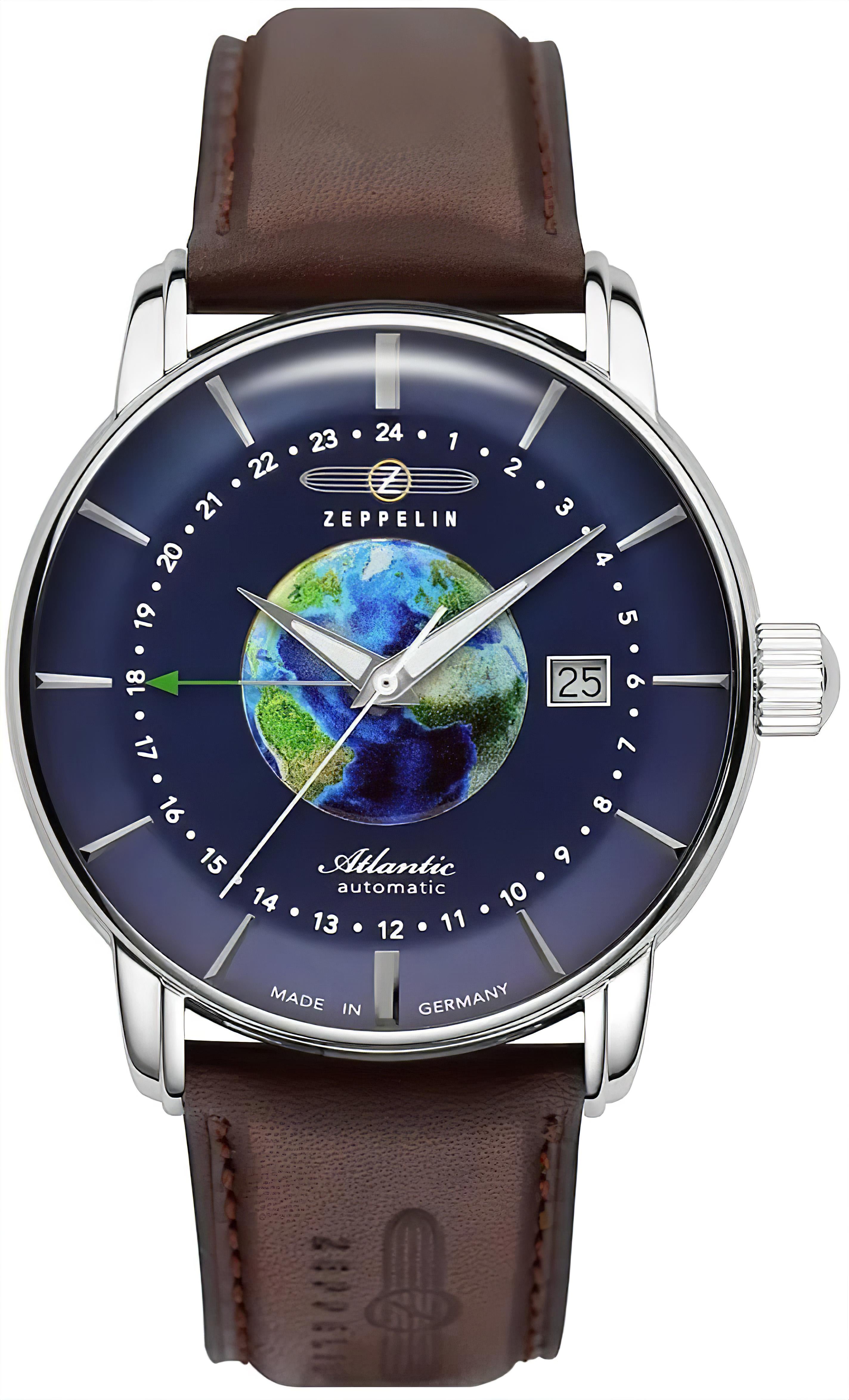Zeppelin Atlantic Herrenuhr mit blauem Zifferblatt, Weltkarte, Datumsanzeige und braunem Lederband