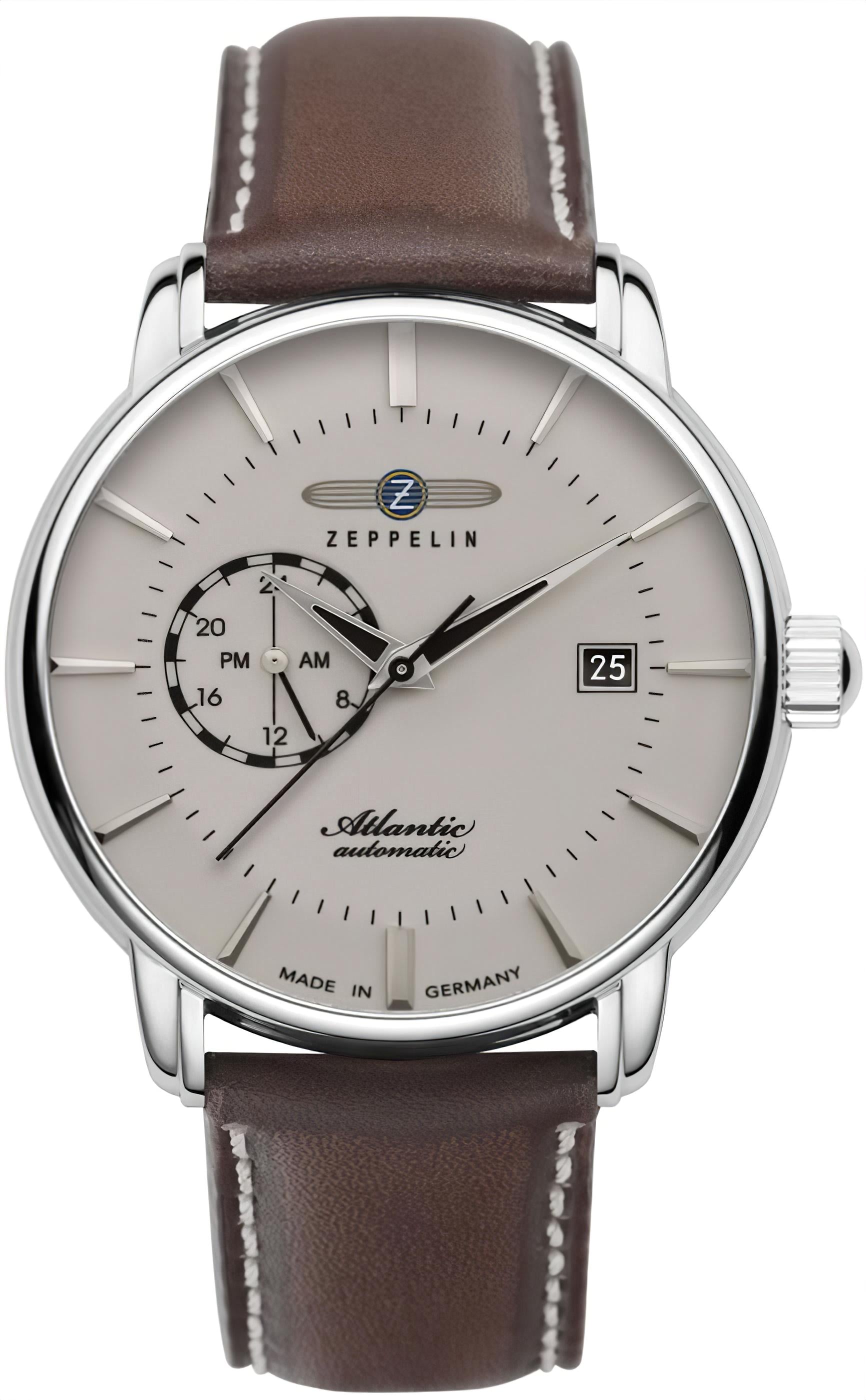 Herrenuhr mit silberfarbenem Gehäuse, beigem Zifferblatt und braunem Lederarmband