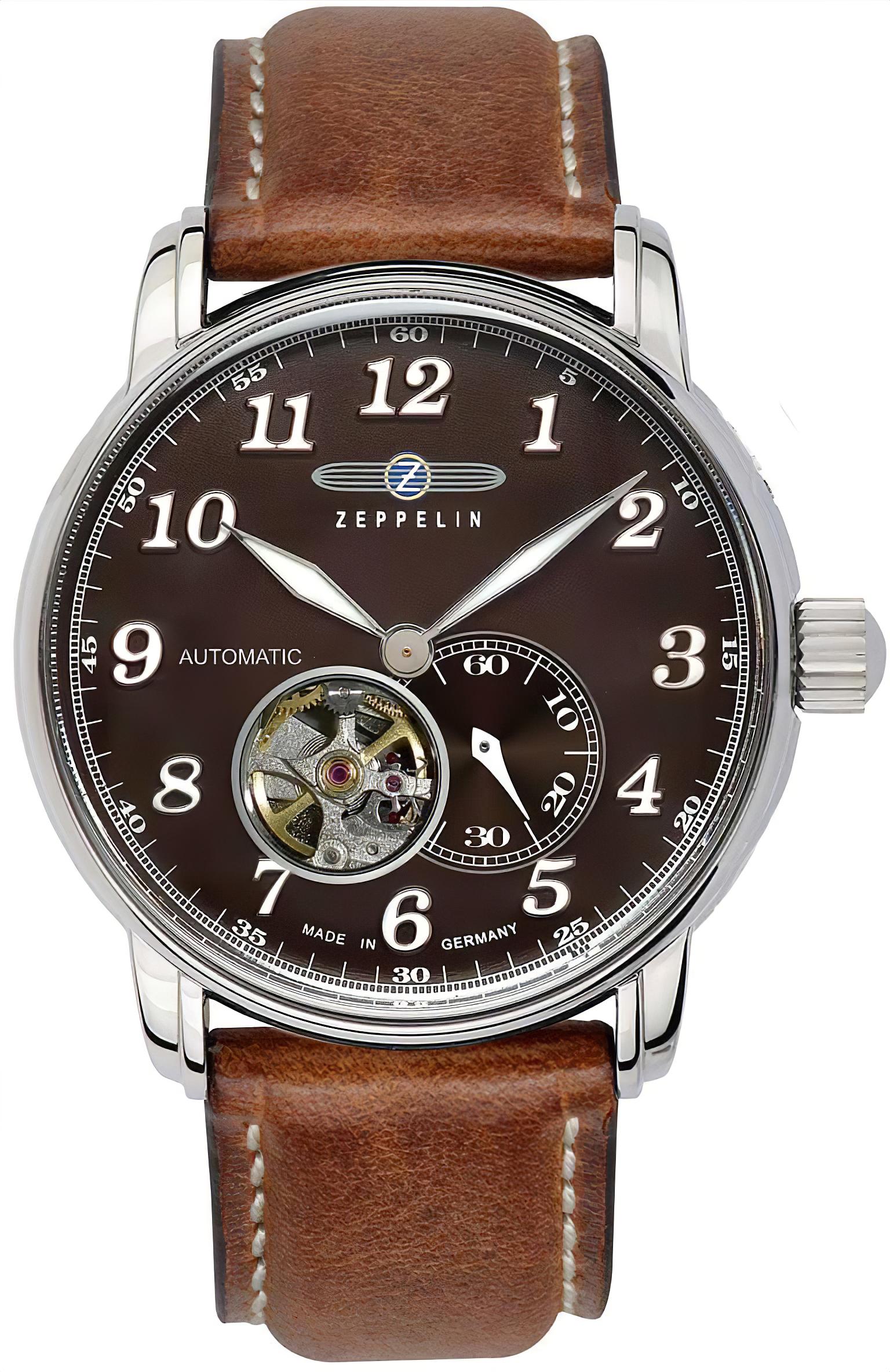 Herrenautomatik-Armbanduhr mit offenem Herzen, braunem Lederarmband und braunem Zifferblatt