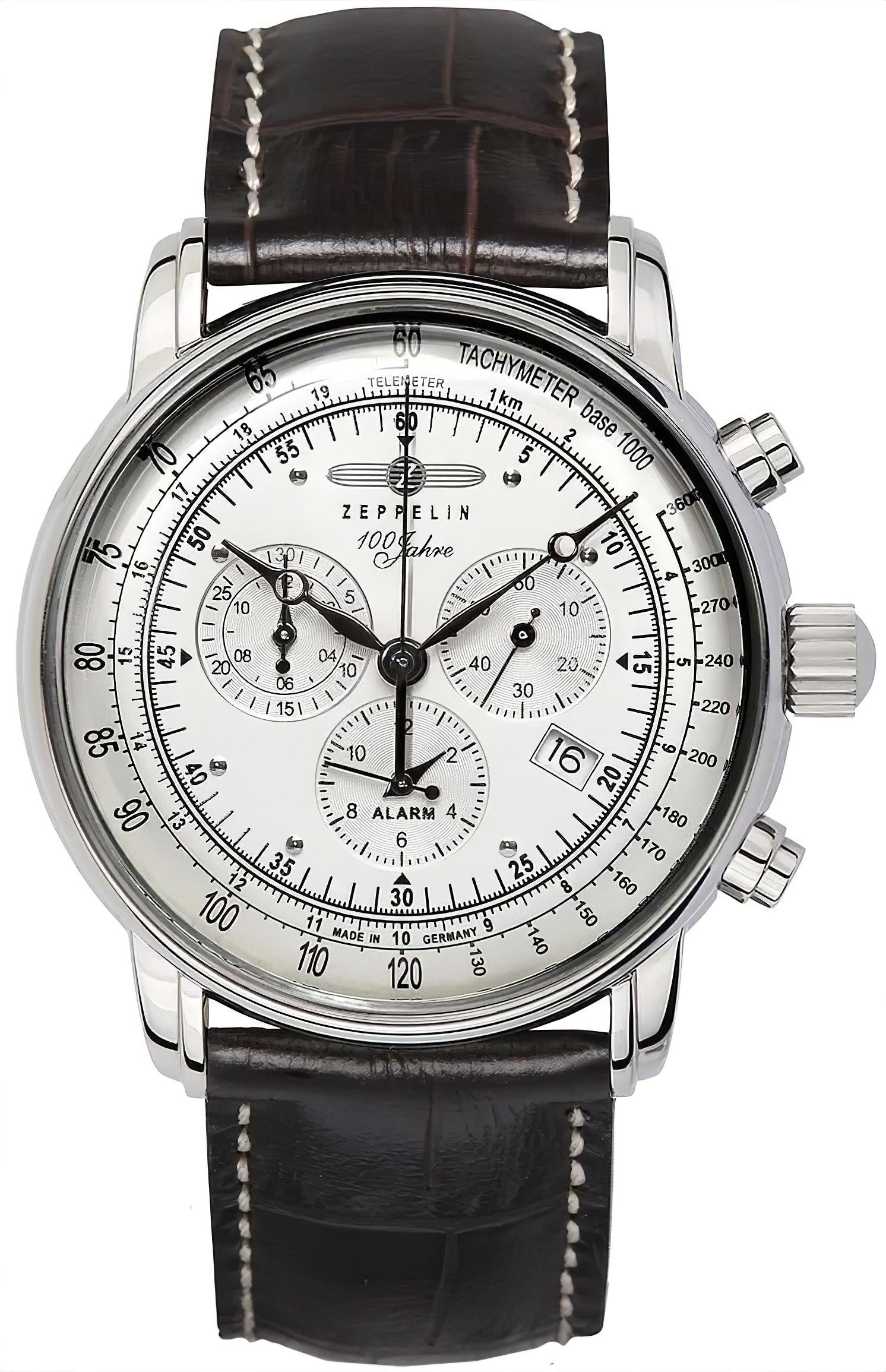 Zeppelin Herrenuhr mit Chronograph und Alarm, schwarzes Lederarmband, weißes Zifferblatt