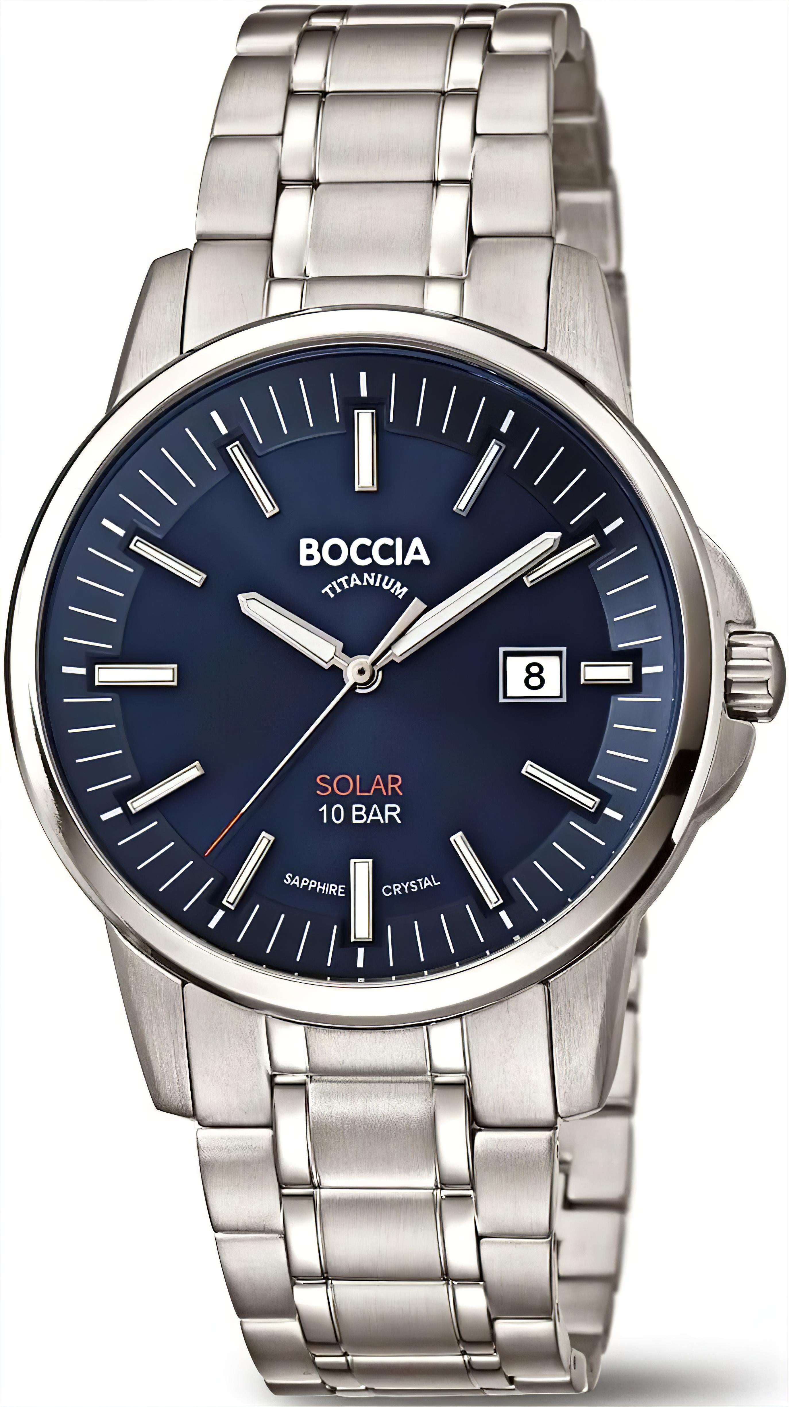 Boccia Herrenarmbanduhr mit blauem Zifferblatt und silbernem Metallband, Solarantrieb