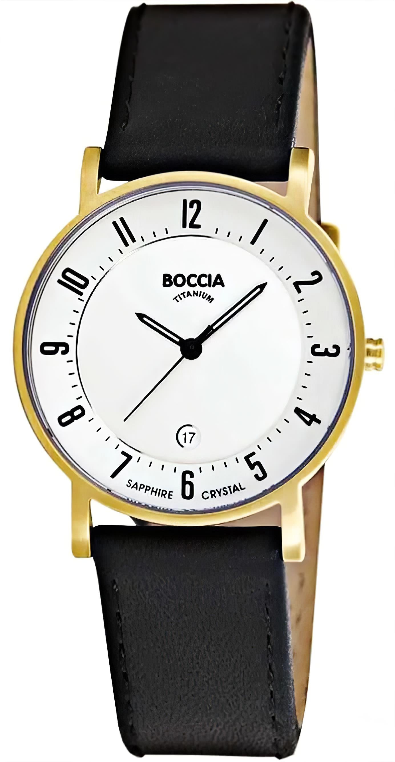 Boccia Damenuhr mit schwarzem Lederarmband, goldfarbenem Gehäuse und weißem Zifferblatt