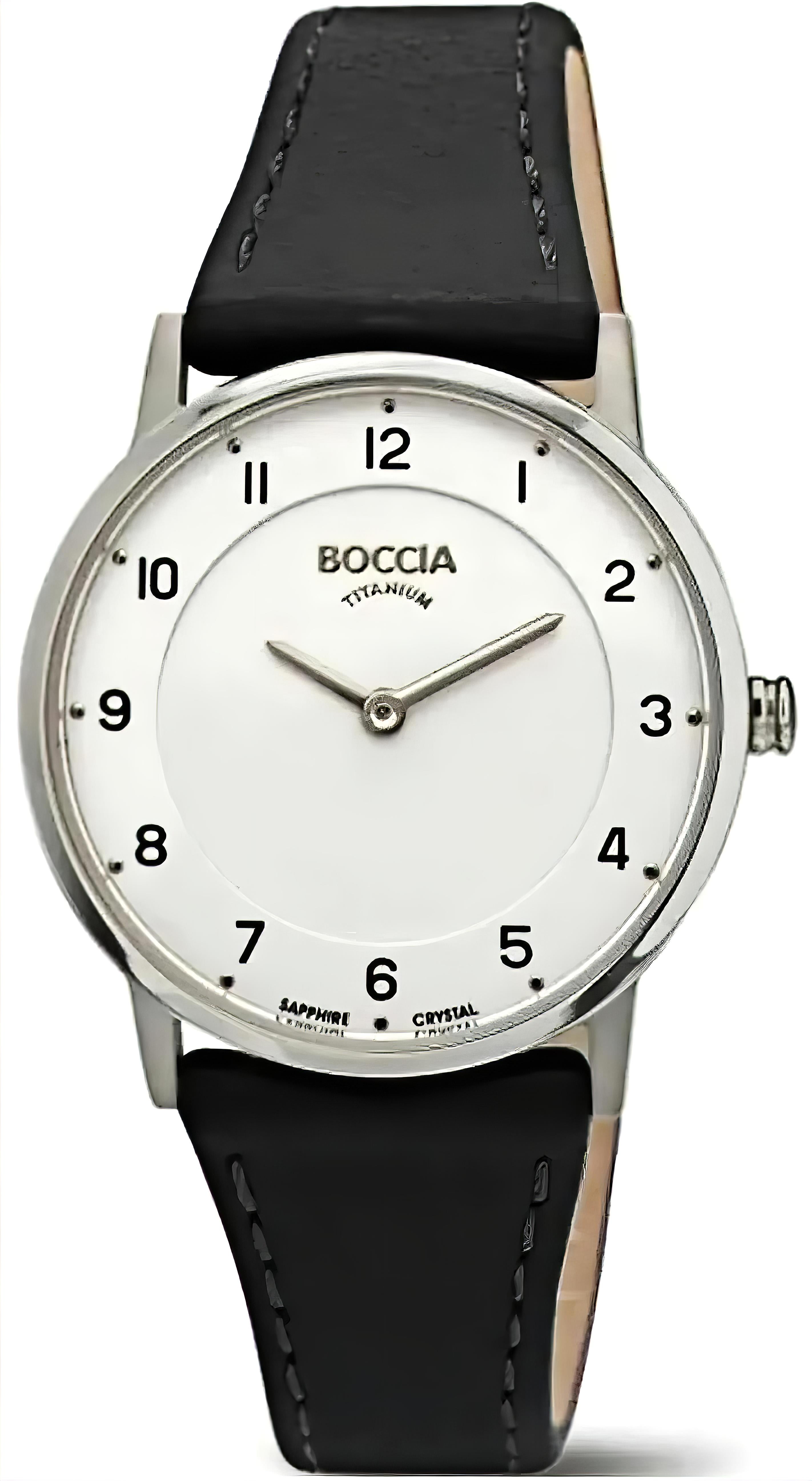 Boccia Damenuhr mit schwarzem Lederband, silbernem Gehäuse und weißem Zifferblatt