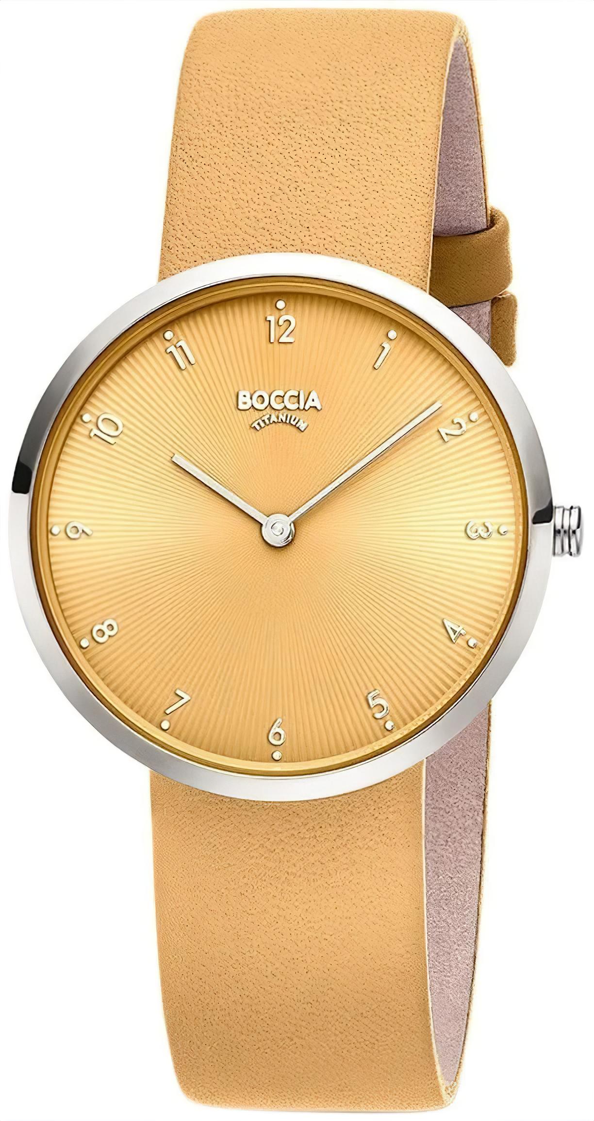 Damenarmbanduhr BOCCIA mit goldfarbenem Zifferblatt, römischen Ziffern und beigem Lederband
